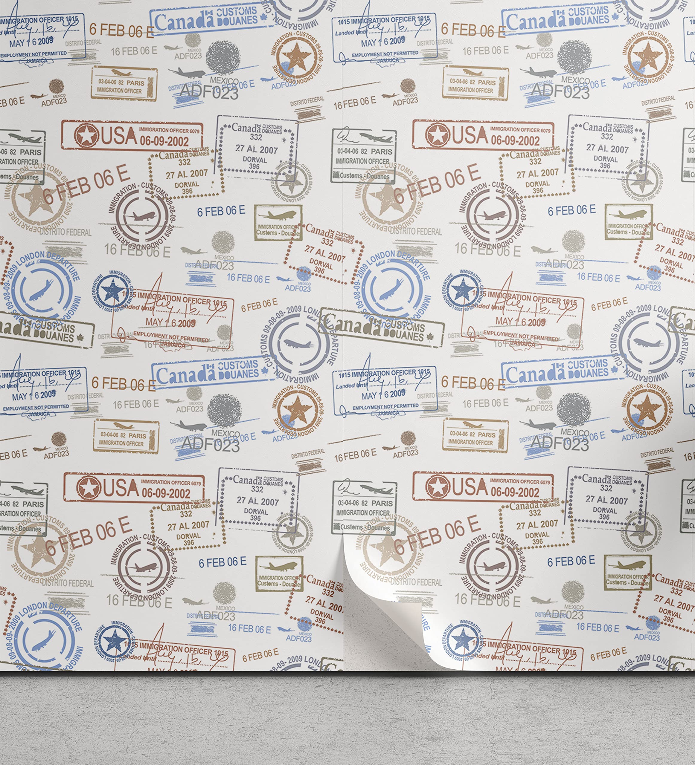 Ambesonne Travel Peel & Stick Wallpaper, Vintage Old Rubber Stamps Tourist Passport Visa Certificate Vacation Holiday Theme, Self-Adhesive Living Room