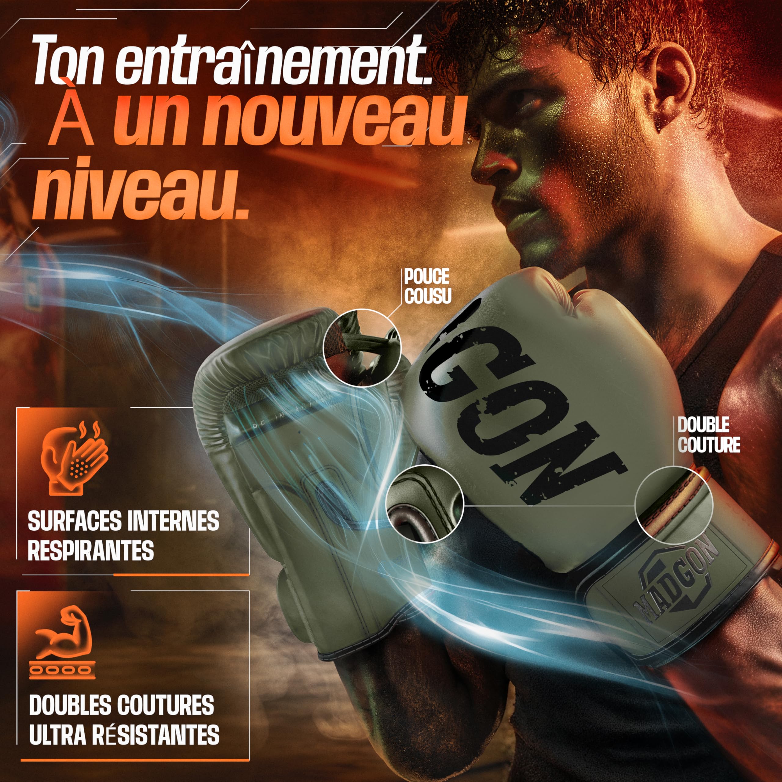 MADGON Gants de Boxe en Matériau de la Meilleure Qualité pour Une Durée de Vie Exceptionnelle - Gants MMA, pour Les Arts Martiaux, Le Sparring avec Une Absorption Optimale des Chocs, Sacoche Incluse