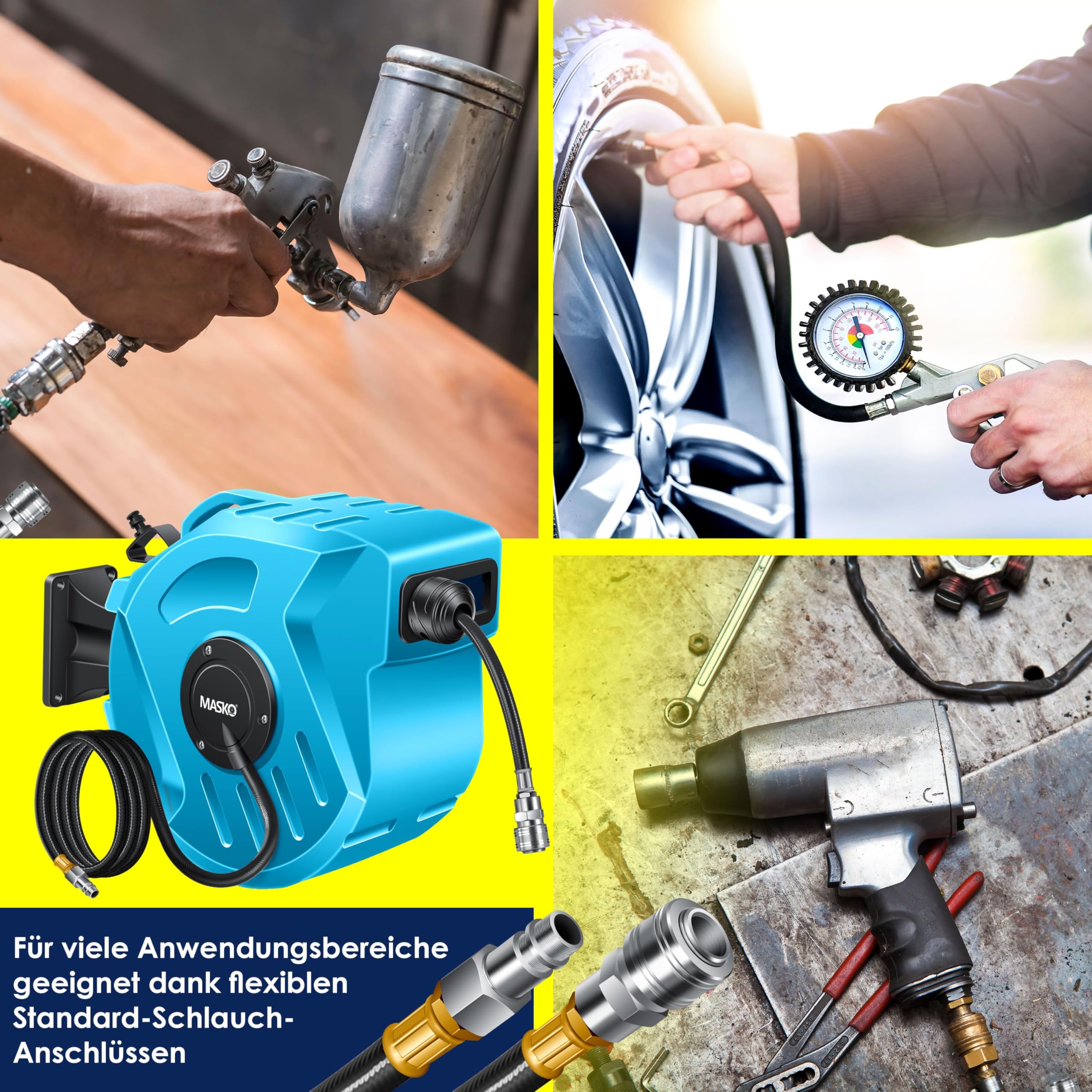 MASKO® Automatik Druckluftschlauch Aufroller 20m – Schlauchtrommel mit 1/4" Anschluss, Schlauchaufroller, Wandhalterung, Tragegriff, 180° schwenkbar, Schlauchbremse, vormontiert/sofort einsatzbereit