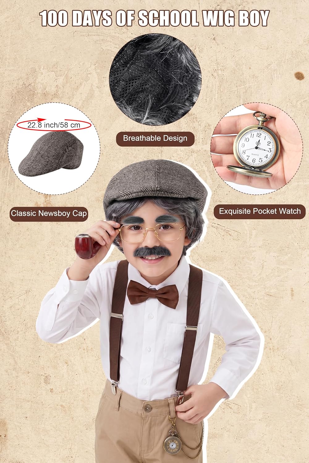 Apoway 100 Days of School Old Man Wig Costume Grandpa Hat Glasses Cane Suspenders Dress Up Cosplay Set for Boys