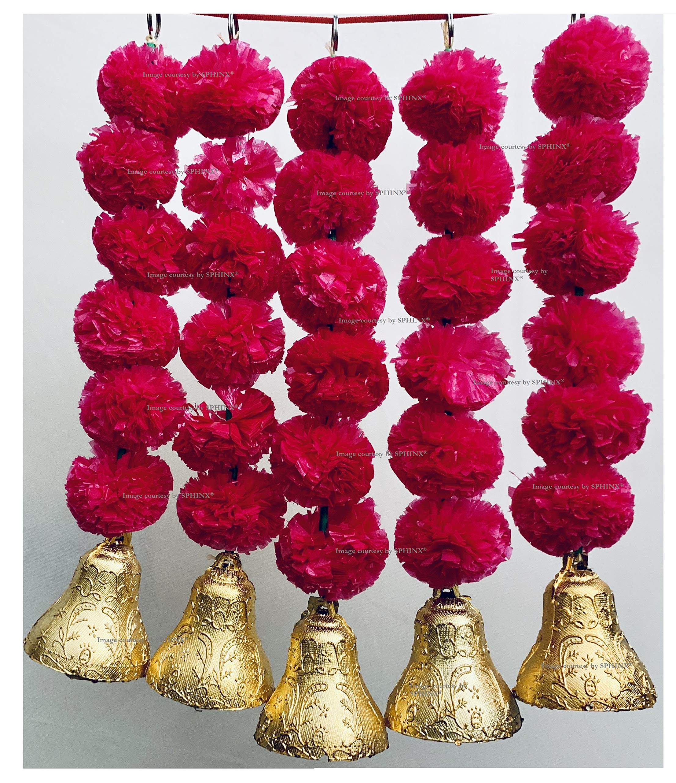 SPHINX Artificial Marigold Fluffy Flowers and Golden/Silver Hanging Bells Short Garlands/torans/Wall hangings/latkans for Decoration Approx 1.2 ft- (Dark Pink/Rani, 5 Pieces)