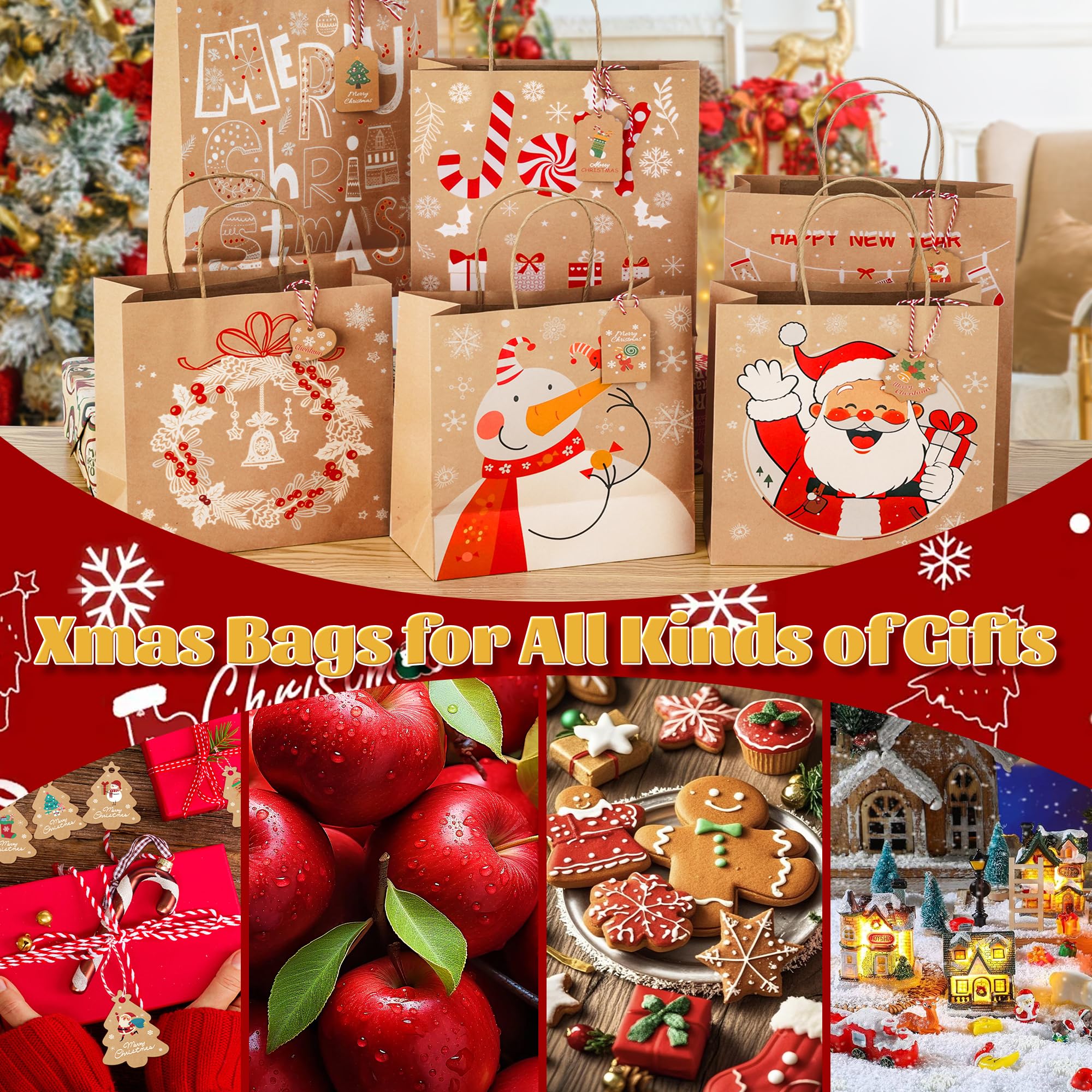 Sacchetti natalizi assortiti in carta kraft con manici, 12 sacchetti di carta da regalo natalizi con stampe natalizie, perfetti per feste