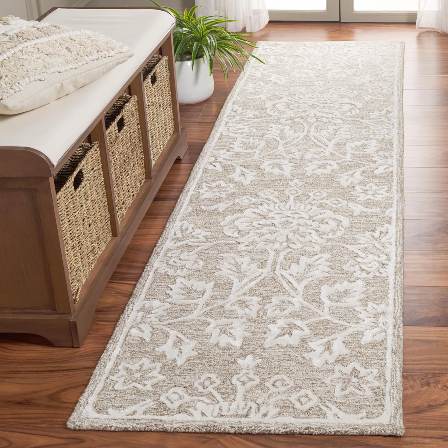 SAFAVIEH Glamour Collection Runner Rug - 2'3" x 9', Beige & Ivory, Floral Design, Handmade Wool & Viscose, Ideal for The Living Room, Bedroom, Dining Room (GLM551B-29)