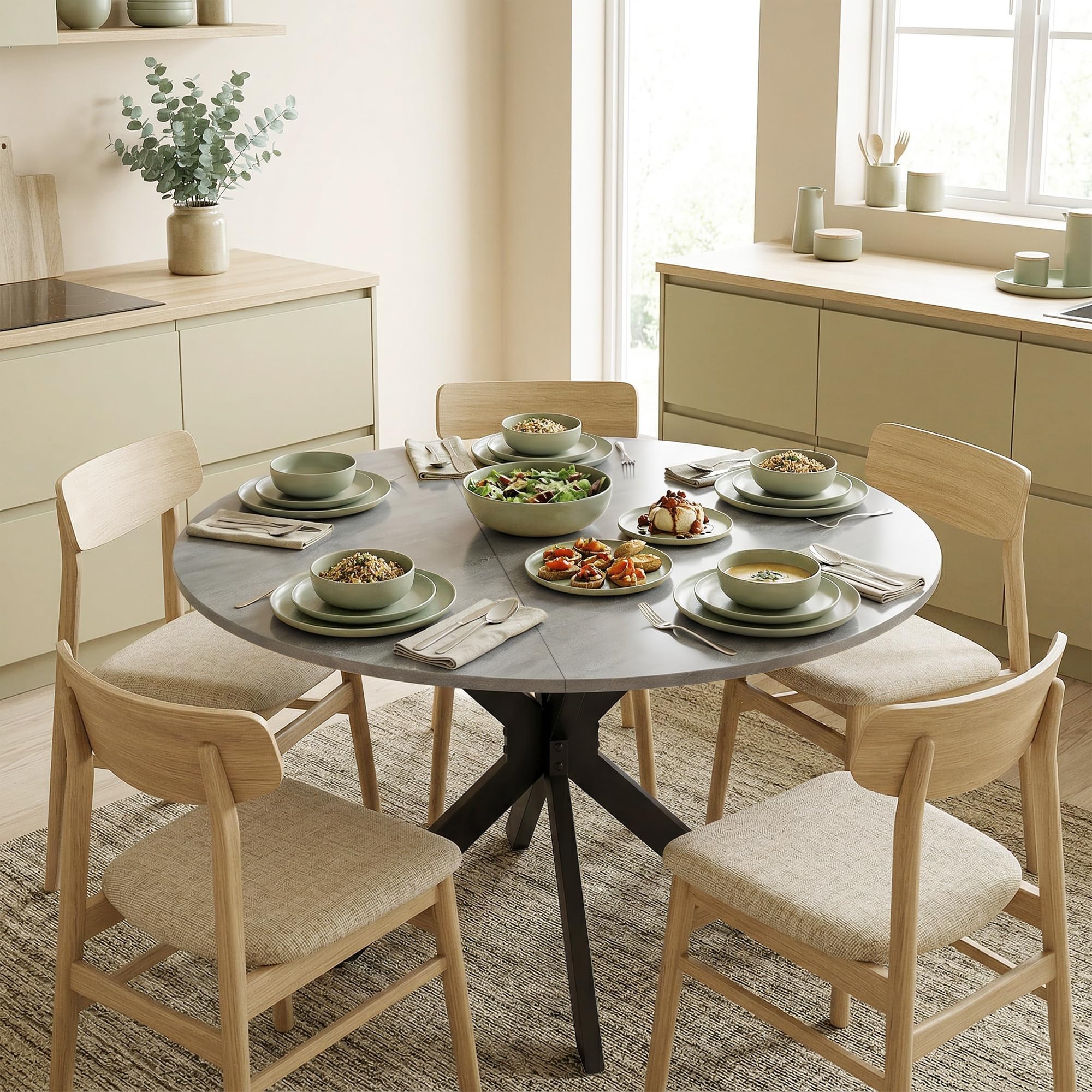 HOMCOM Tavolo da Pranzo Rotondo Pieghevole per 2-6 Persone, Ø110 cm Tavolo Cucina a Ribalta con Gambe a X in Acciaio, Piano Spesso, Salvaspazio per Soggiorno Sala da Pranzo, Grigio Cemento