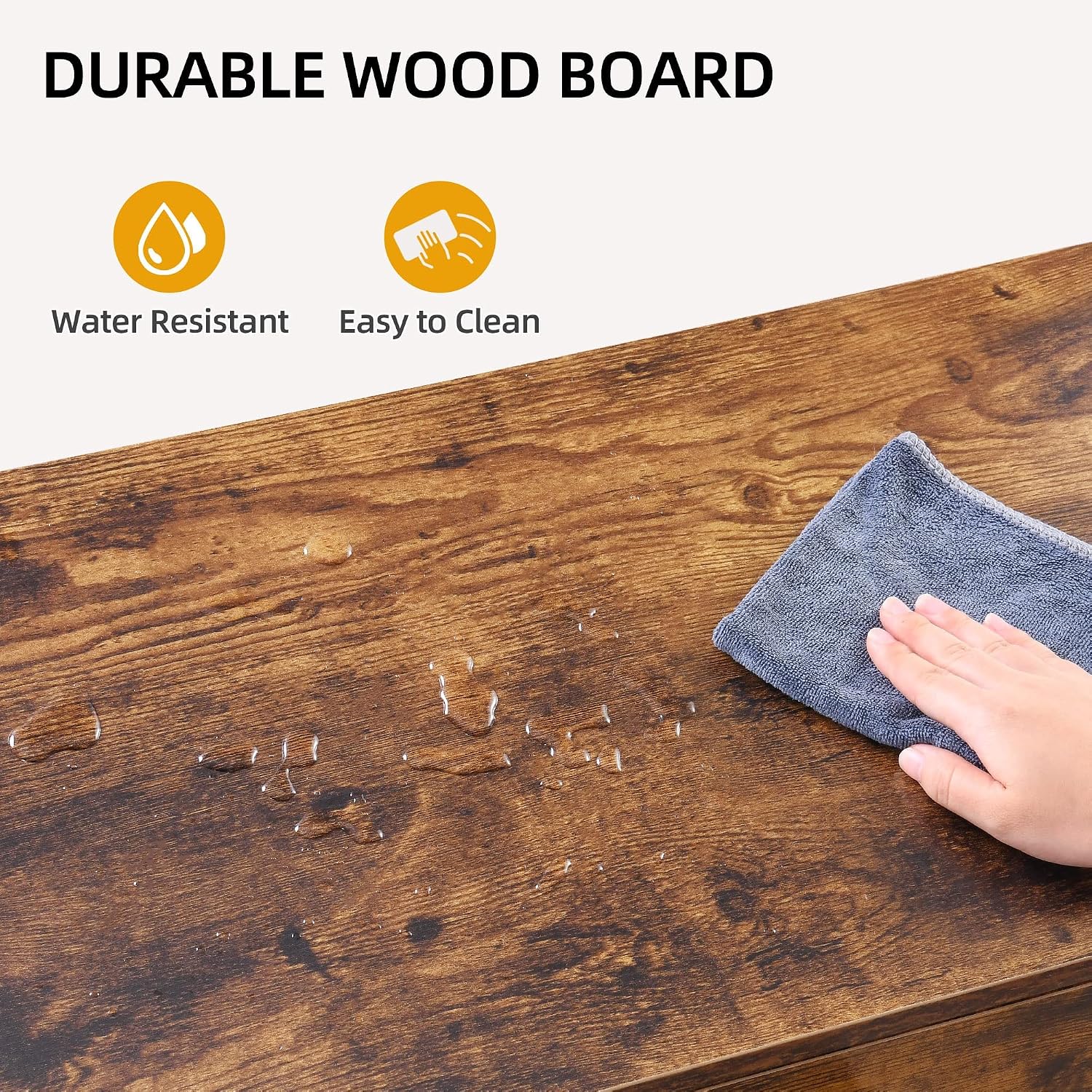 Close-up of the durable wood board surface being wiped with a cloth, with water droplets visible, illustrating its water-resistant and easy-to-clean properties.