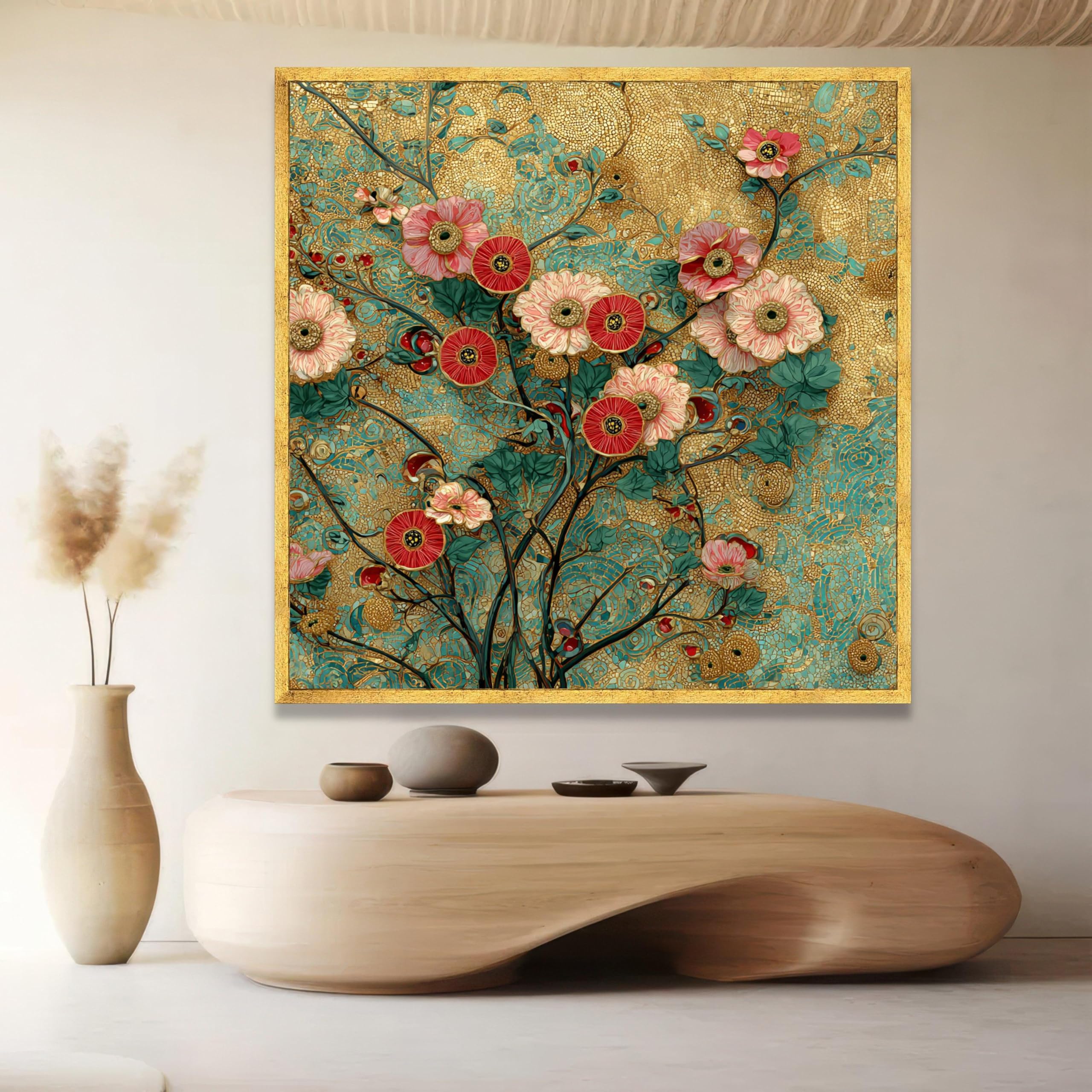 XINBAO Estetyczna kwiatowa sztuka ścienna na płótnie, złota mozaika, dekoracyjny obraz kwiatowy, płótno botaniczne, dekoracja domu obraz akcentujący (80 x 80 cm/bezramowy)