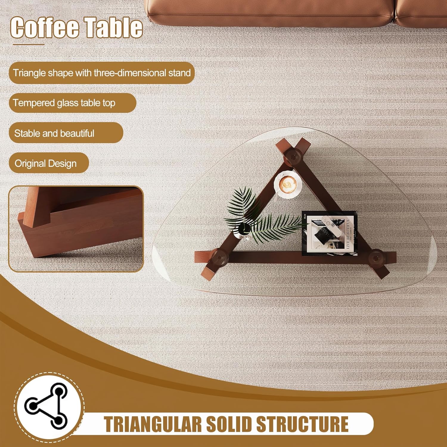 Walnut Triangle Coffee Table 35.5'' x 27.5'' x 15.7'' Modern Mid Century Glass Coffee Table Rustic Brown Solid Wood Center Table Funky Retro Vintage Tea Table for Living Room & Small Space