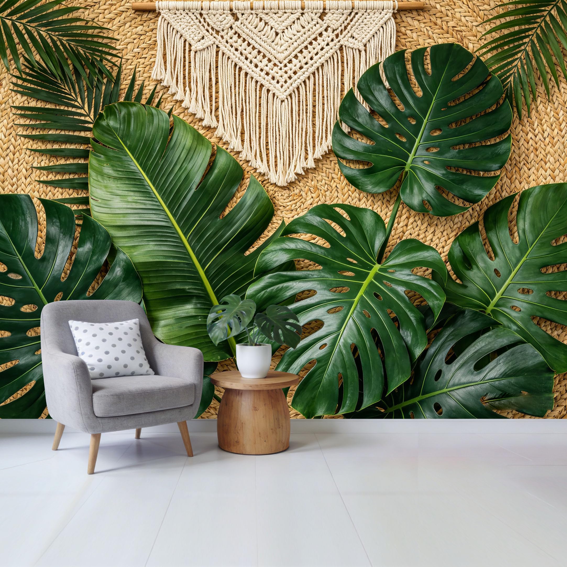 Qzlithotic Yq2605250012 Custom Size Wall Mural Tropical Monstera Leaf Macrame Woven Tapestry Botanical Aesthetic Selfadhesive Wall Fabric Removable Wallpaper For Home Office Decor