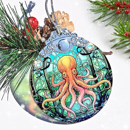 Miniatura 6 de Adorno de Navidad de vidrieras, decoración de Navidad de pulpo de Jocidea y árbol de Navidad, regalos para amantes del pulpo, decoración navideña e