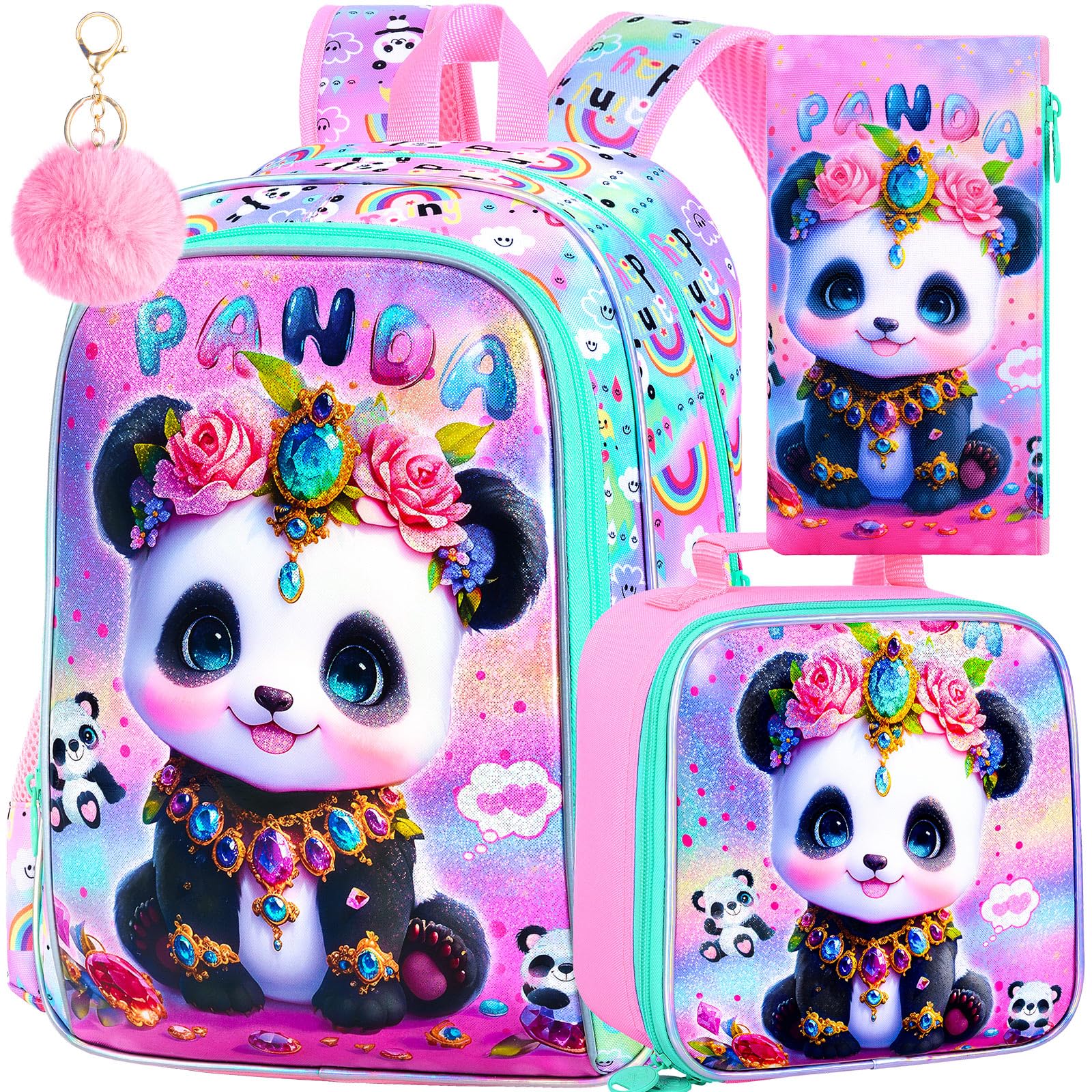 FTJCF 3Pcs Girls Backpack, 16" Kids Bookbag with Lunch Box，Panda School Backpacks for Elementary Preschool Kindergarten (Pink)