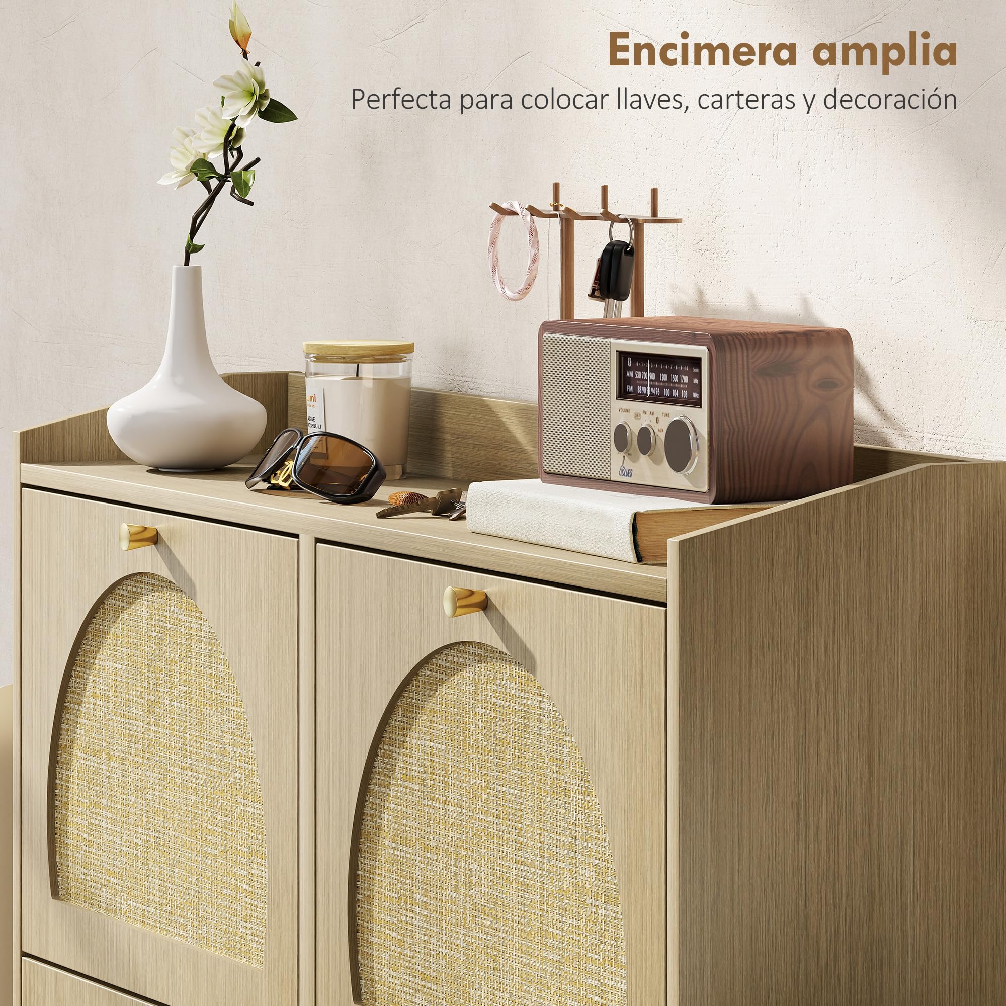 HOMCOM Zapatero Estrecho con 4 Puertas de Ratán 104,5x24x88 cm Natural