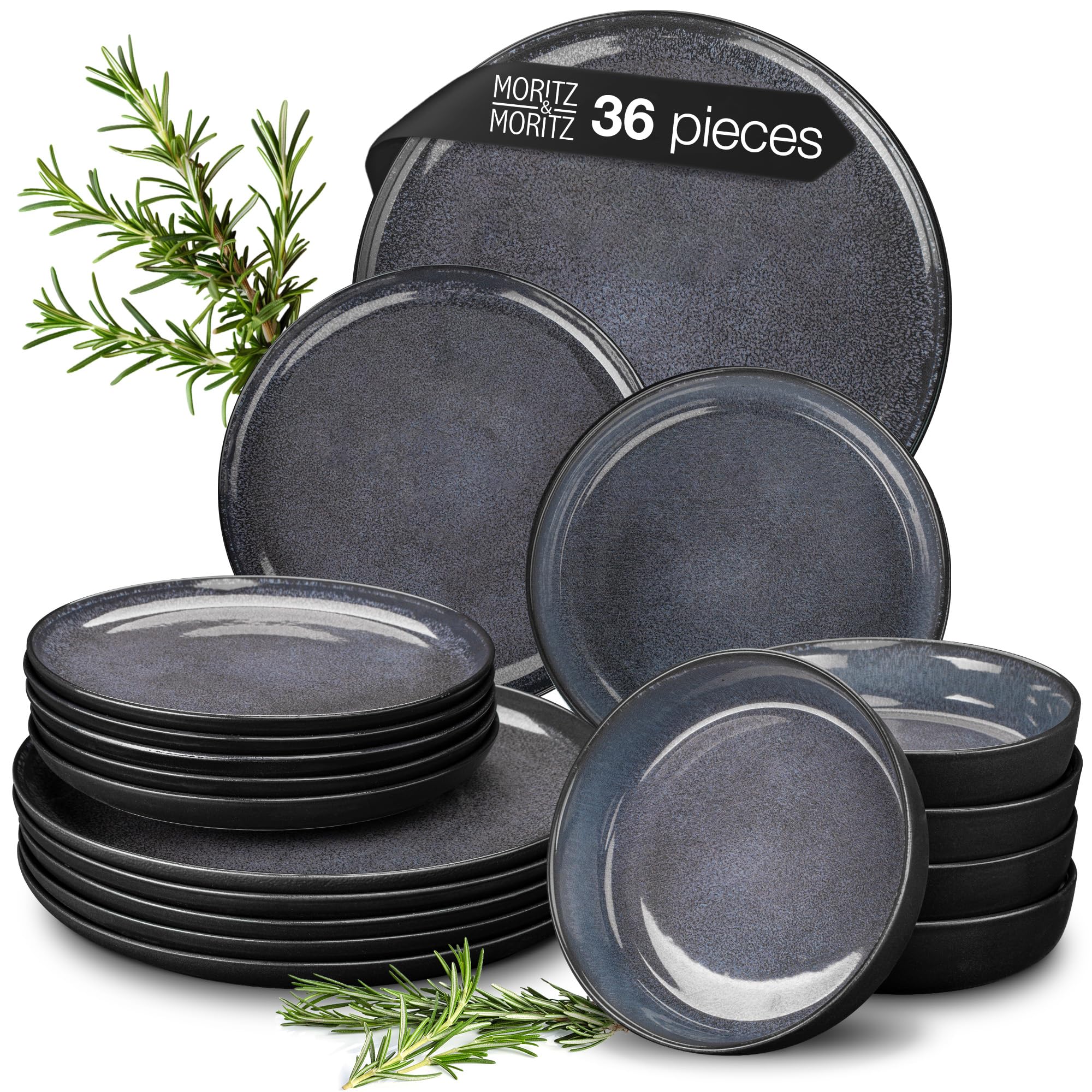 Moritz & Moritz VIDA 36-Piece Porcelain Dinner Set for 12 People - Modern Blue Plates and Bowls Set, Microwave & Dishwasher Safe - Includes Dinner Plates, Soup Bowls & Dessert Plates