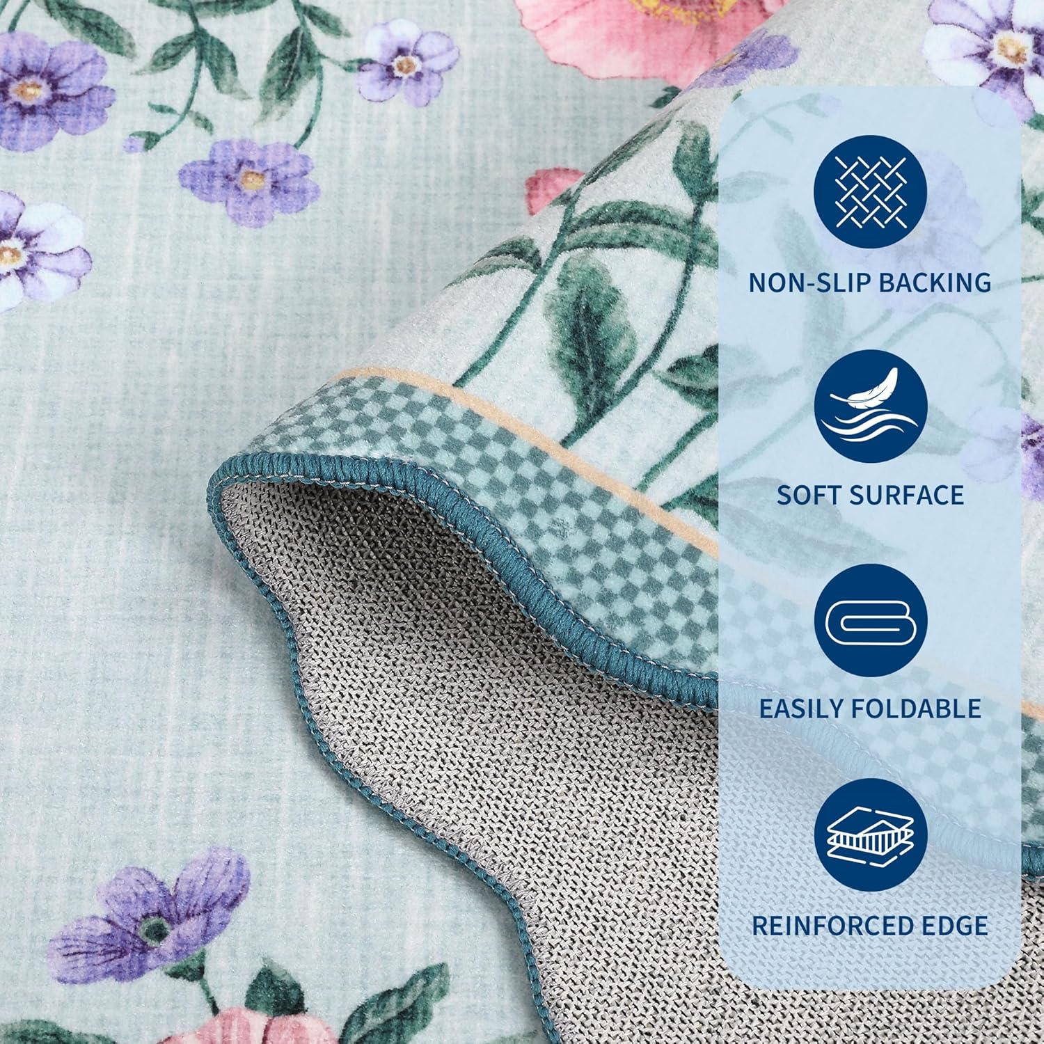 GarveeHome Floral Scalloped Kitchen Runner Rug, 2.5x8 Washable Hallway Runner Non-Slip, Soft Print Laundry Room Rug Low-Pile Stain Resistant Boho Carpet for Bathroom Bedroom Dorm, Blue