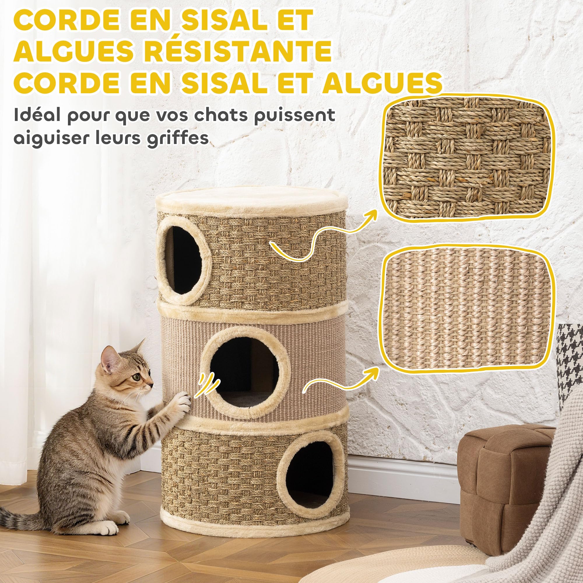 PawHut Tonneau à Gratter pour Chat 3 Niveaux, Arbre à Chat Sisal Naturel et Herbiers Marins Recouvert de Peluche 45 x 45 x 79 cm Kaki et Café