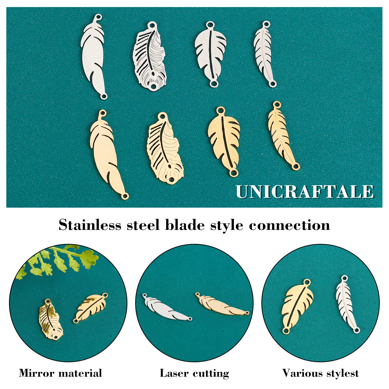 UNICRAFTALE 16 pz 2 Colori 4 Stili Foglia di Acciaio Inossidabile Link Connettore di Collegamento di Collegamento Collegamenti di Fascino Foro di 1.4-1.8 mm Connettori di Collegamento