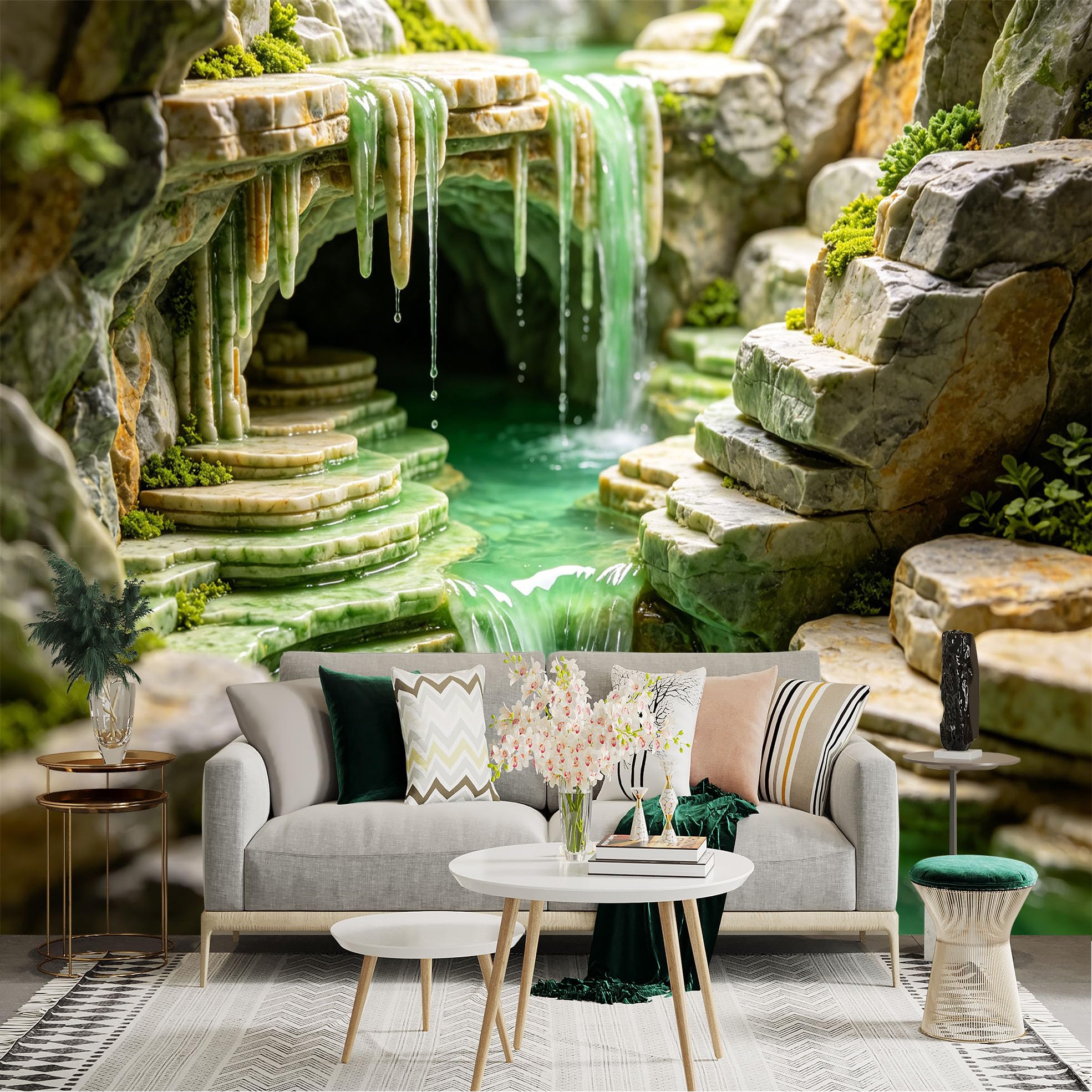 Lnzczhyre Dbh260521780 Custom Size Wall Sticker Mural， Serene Emerald Waterfall， Cascading Stone Terraces， Lush Mossy Rocks， Tranquil Nature Landscape， For Wall Decoration， Peelandstick Wall Decals.