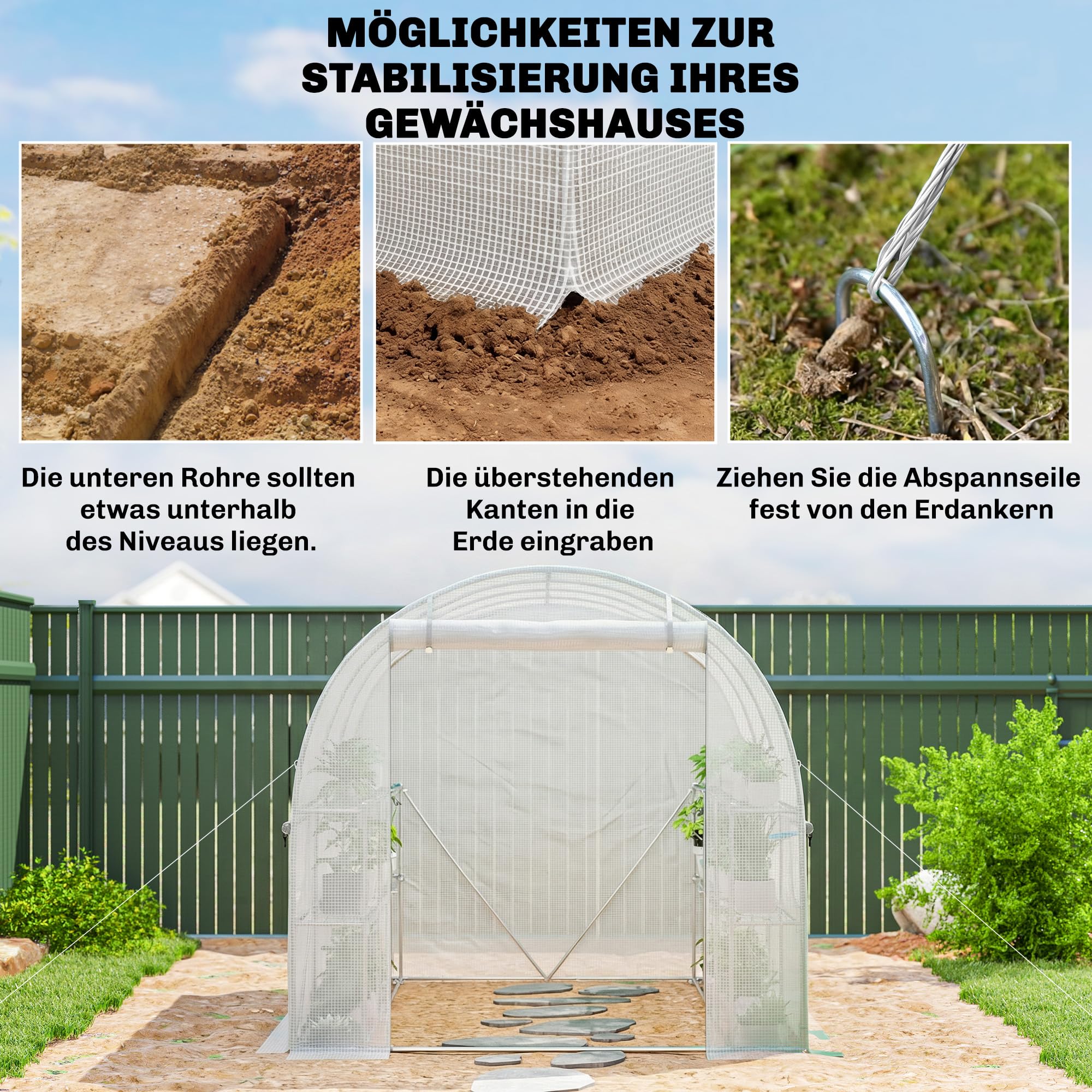 Outsunny Gewächshaus ca. 2,7 x 2 x 2 m Foliengewächshaus mit Regalen Rollbar Reißverschlusstür 6 Netzfenster Stützstangen, UV-beständig Folientunnel, Winterfest Tomatenhaus, Weiß