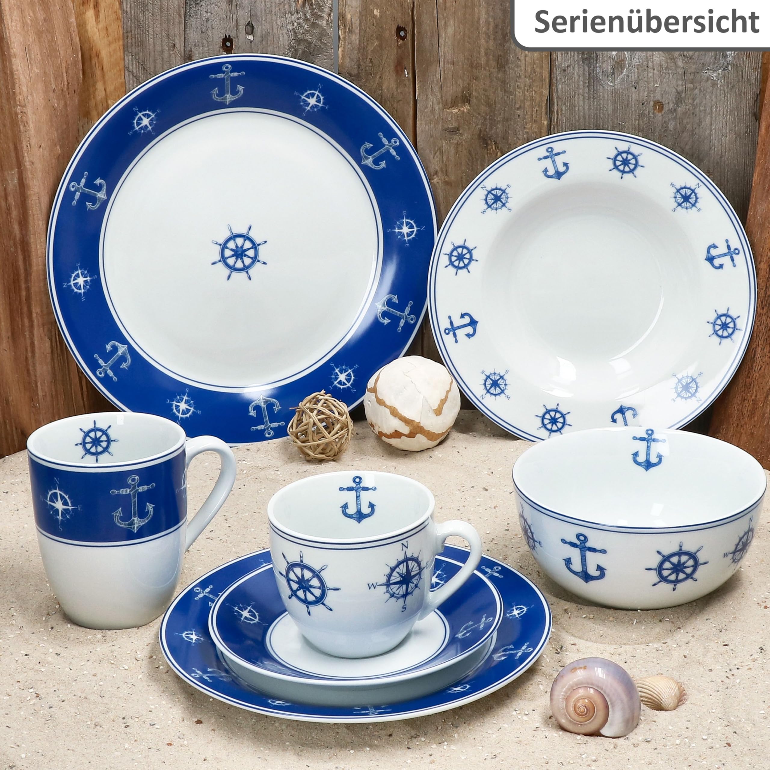 MamboCat AHOI 18tlg Frühstücksset aus Porzellan I blau-weißes maritimes Design mit Anker & Steuerrad I je 6X Kuchenteller, Müslischale & Kaffeebecher für 6 Personen