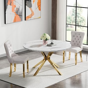 45.27" White Gold Faux Marble Dining Table Set for 2, 3-Piece Round Modern Kitchen Dining Room Table Set with X-Shaped Stainless Steel Legs and 2 Beige Velvet Upholstered Dining Chairs