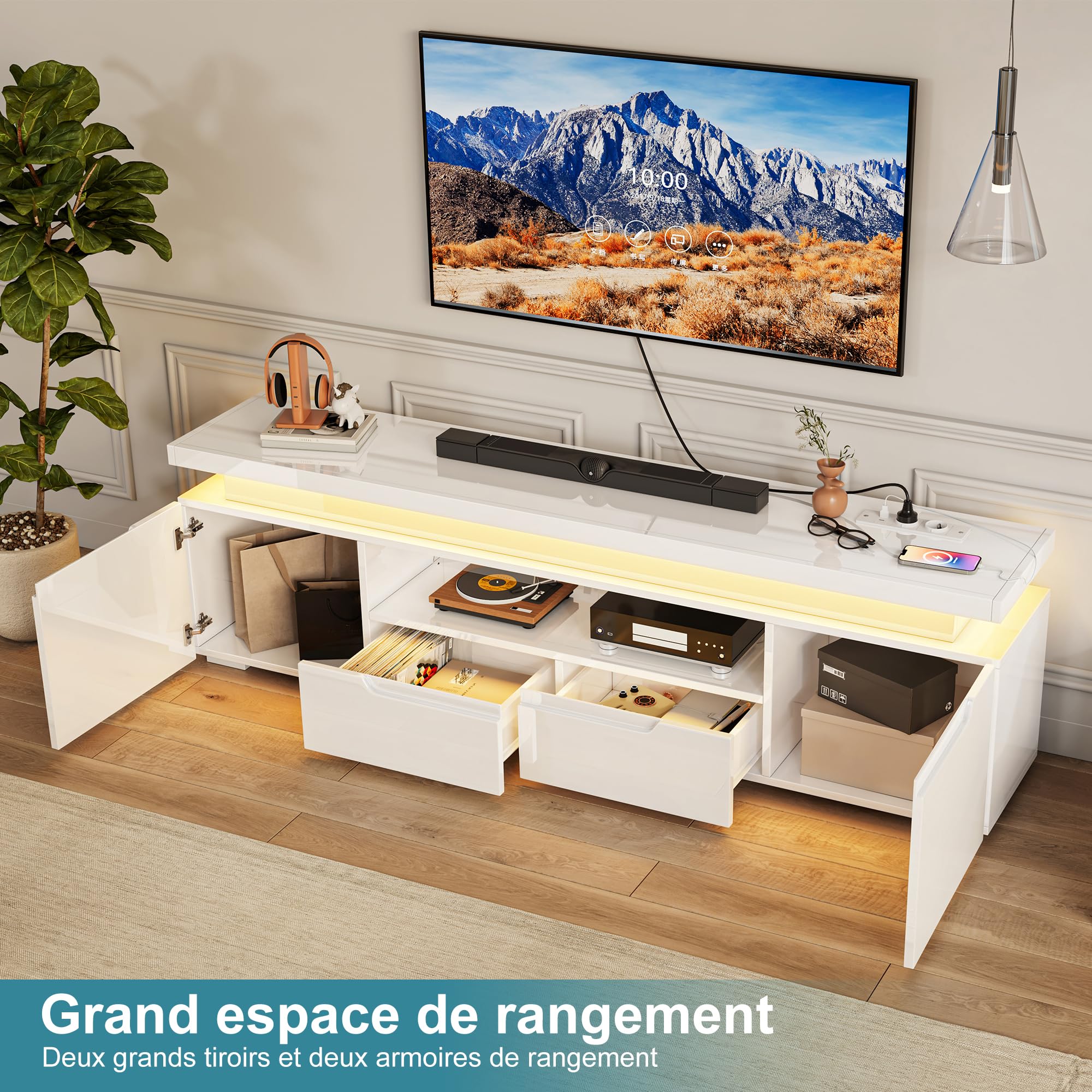 Mobile TV bianco 180 cm con spazio aperto, mobile TV LED con USB, 2 ante e 2 cassetti, tavolo TV da soggiorno, design moderno, armadio basso, panca TV per soggiorno camera da letto, bianco
