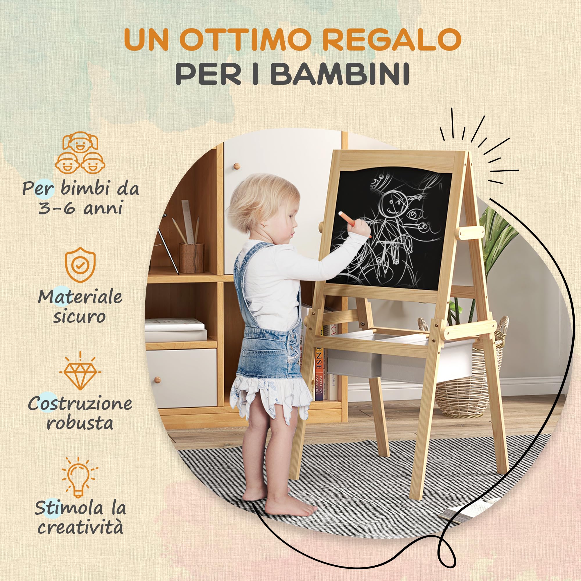 AIYAPLAY Lavagna per Bambini 3 in 1 Multiattività con Due Cestini, Cavalletto Artistico in Legno per Bambini 3-6 anni, 58x50.5x109cm