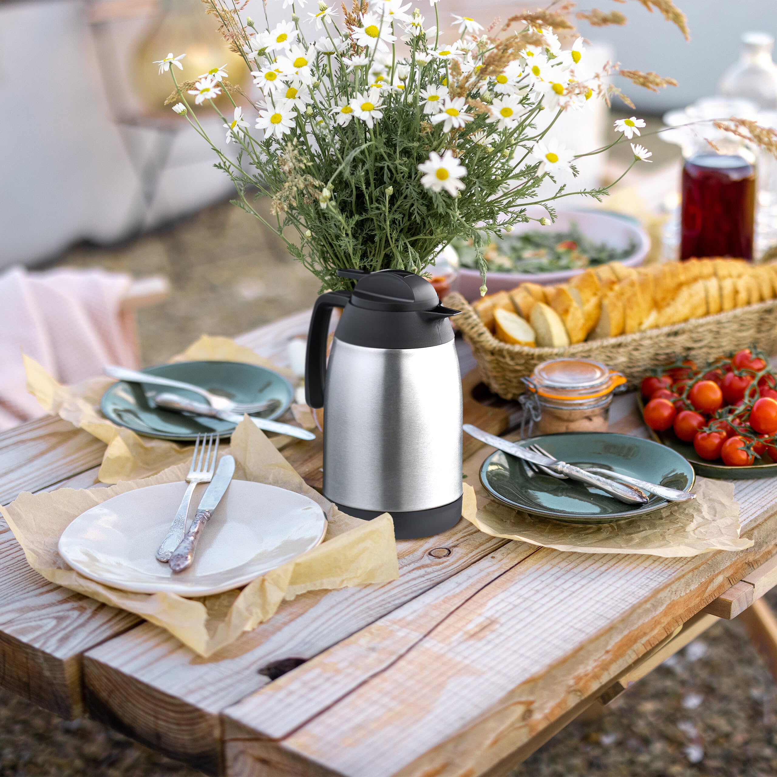 Relaxdays Carafe en Acier Inoxydable, pichet Isotherme pour thé, café, Distributeur, 1,5 litres, avec poignée, argenté