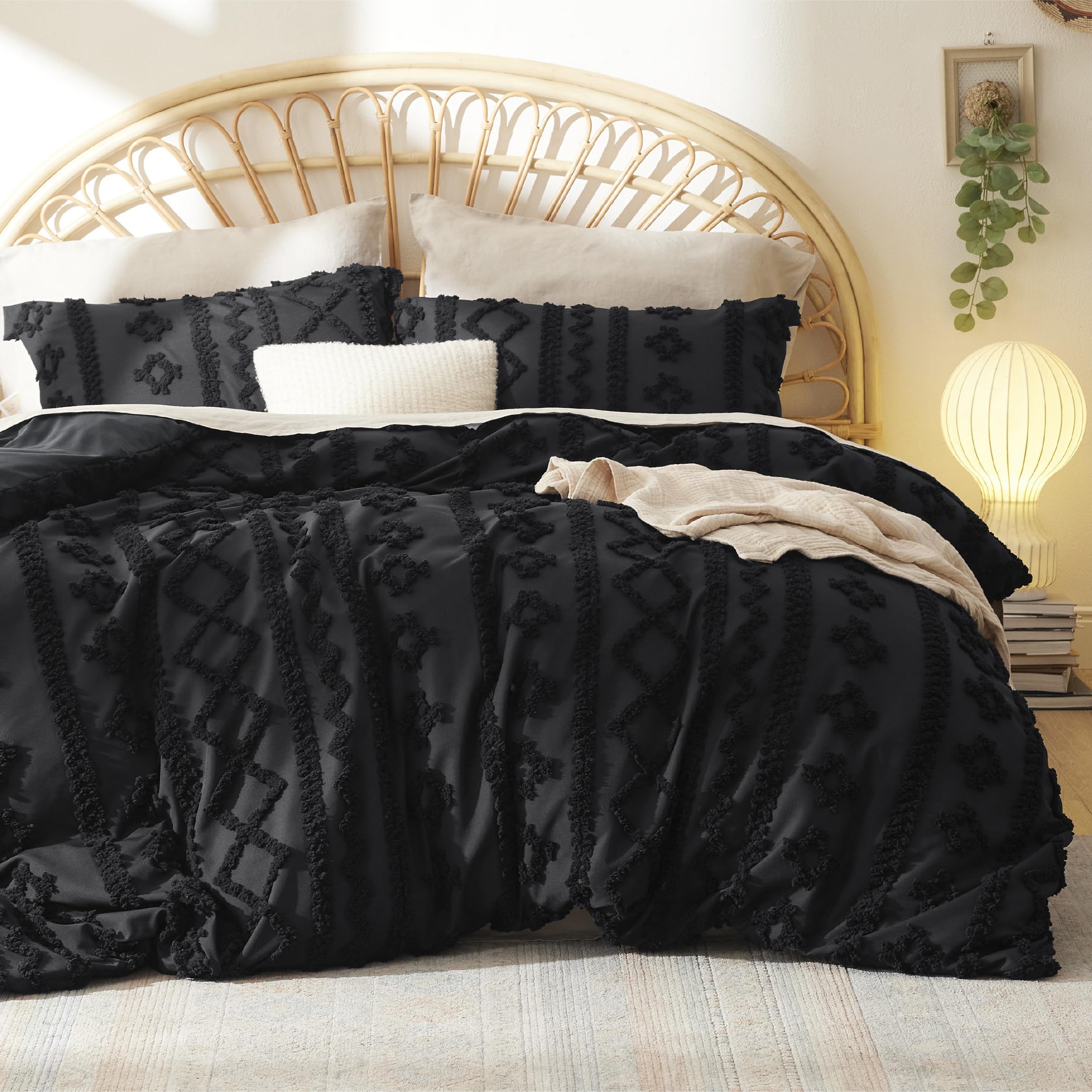 Bedsure Boho Duvet Cover Queen Size - Tufted Duvet Cover Queen Set for All Seasons, 3 Pieces Soft Shabby Chic Embroidery Boho Bedding, Comforter Not Included (Black, 90" x 90")