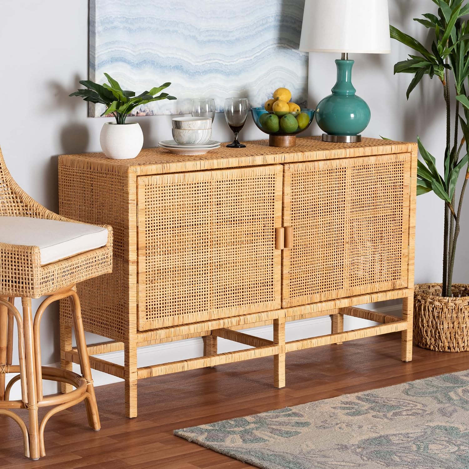 bali & pari Vivan Modern Bohemian 2-Door Storage Cabinet Made with Solid Mahogany Wood and Woven Rattan-Large