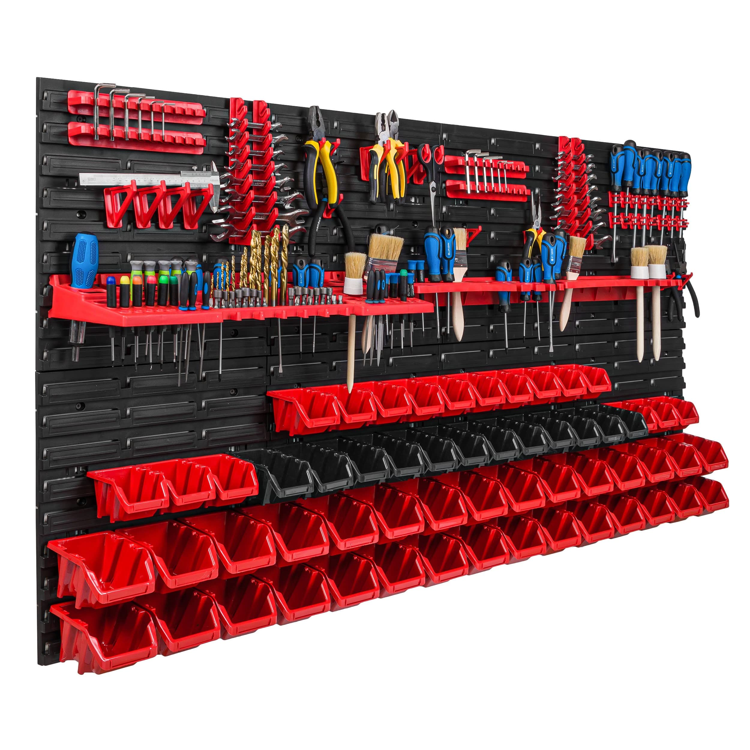 Sistema de almacenamiento para taller, 156 x 78 cm, caja de 58 unidades, estantería de pared con soportes para herramientas y cajas apilables, placas de pared extrafuertes, estantería de