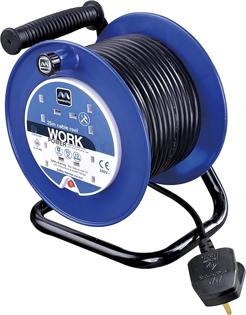 Masterplug LDCC2513/4BL-MP Four Socket Medium Open Cable Reel Extension Lead with Handle, 25 Metres, Blue