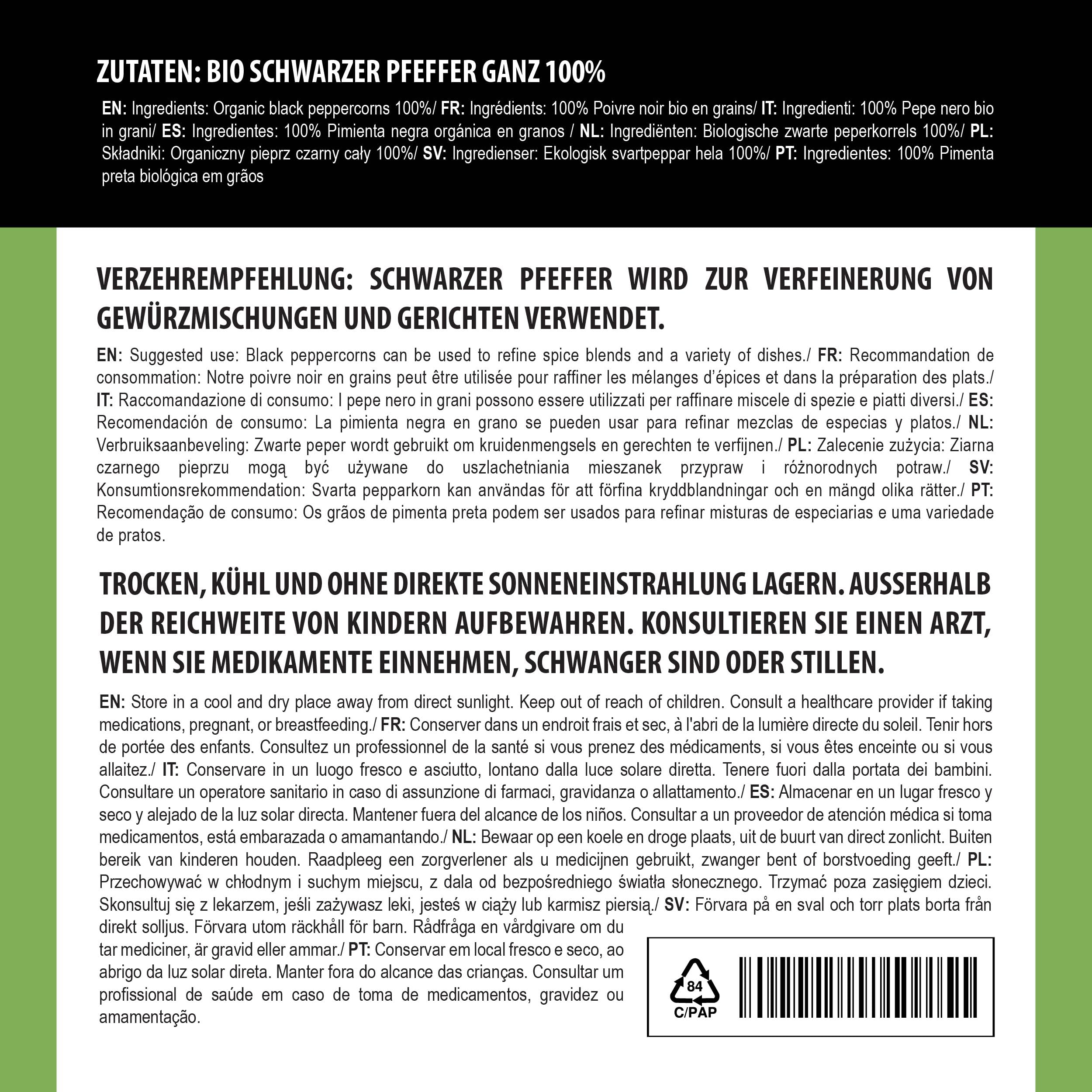 Alpi Nature Pimienta Negra Orgánica en Grano 500g, Granos de Pimienta Negra Enteros para Cocinar