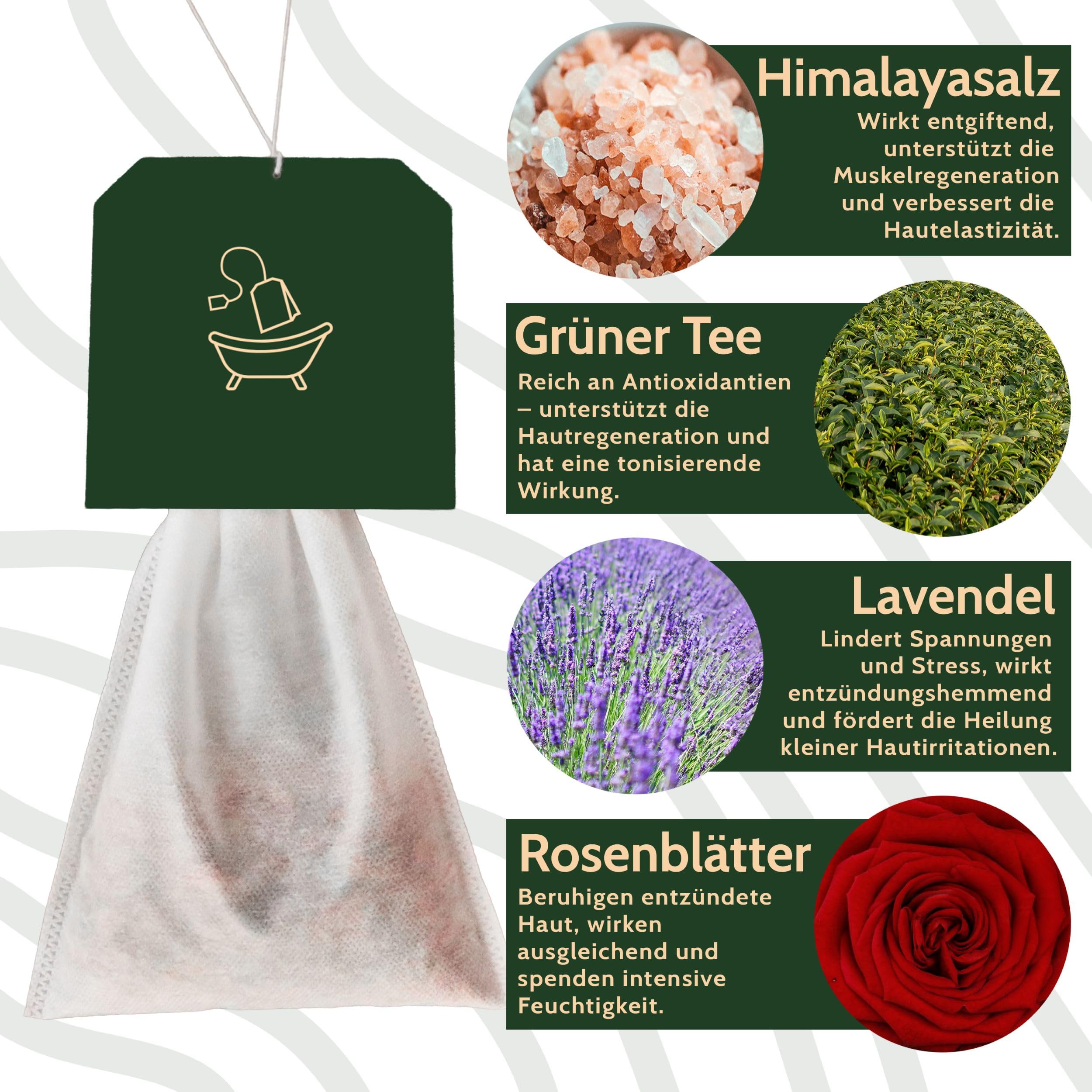 Valle Verde Badetee, Bade-Tee, Wellness-Bad, Aromatherapie, Entspannung, Hautpflege - Hangefertigt, 100% Natürlich - Himalayasalz, Lavendel, Grüner Tee, Rosenblätter (3er Pack)