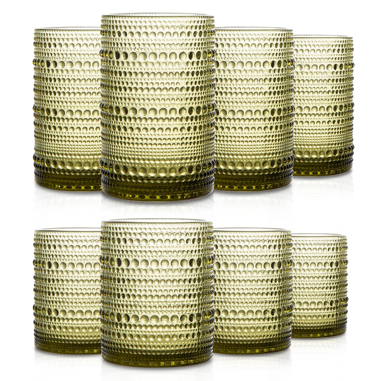 SoulTimes Set of 8 Hobnail Drinking Glasses Vintage Green Glassware - 4 Highball Glasses 14 oz 4 Rocks