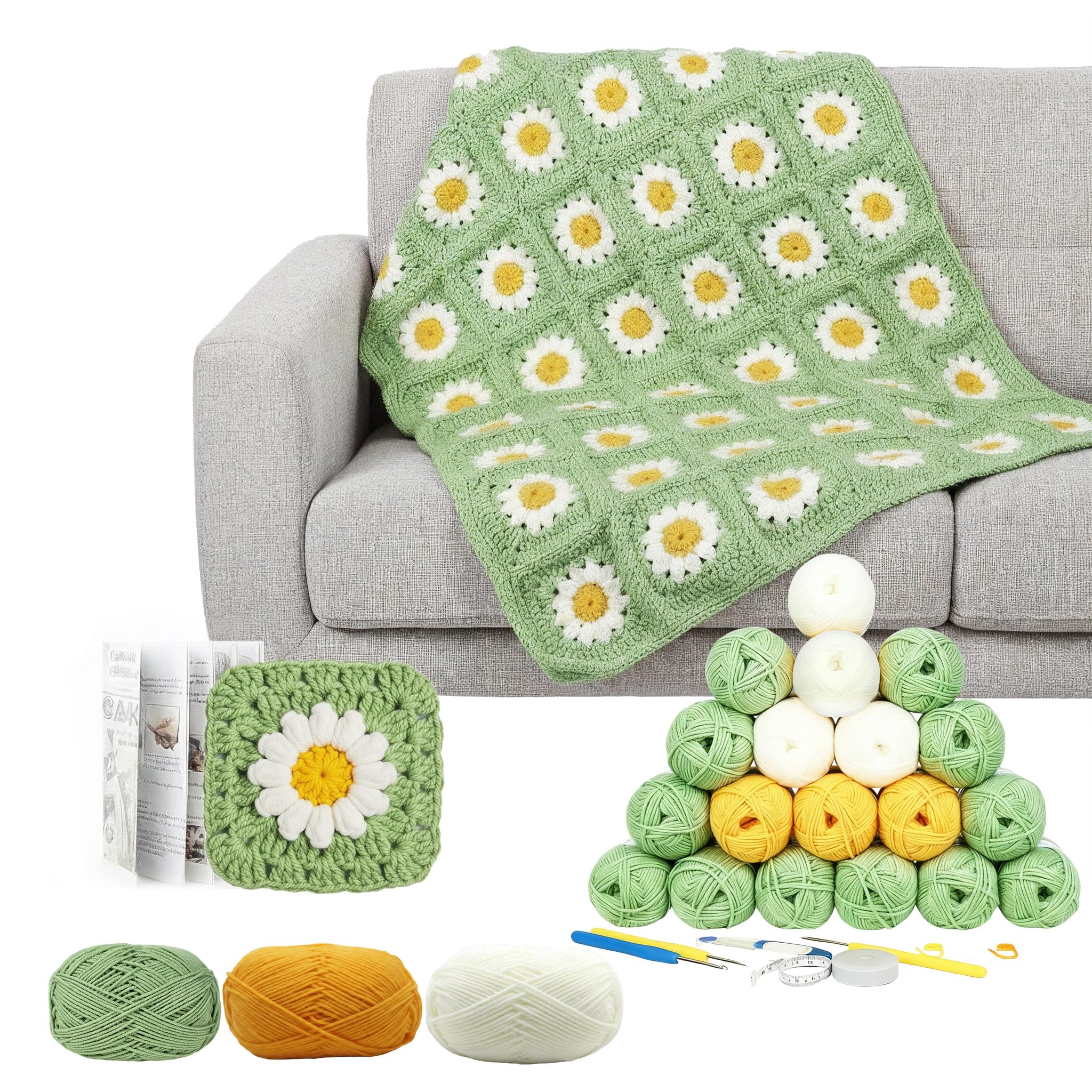 TOLASTO Crochet Kit, Crochet Blanket Kit, Complete Starter Crochet Kits for Beginners Adults with Step-by-Step Instructions Book Yarn & Accessories, Learn to Crochet Daisy Granny Square Blanket Kit