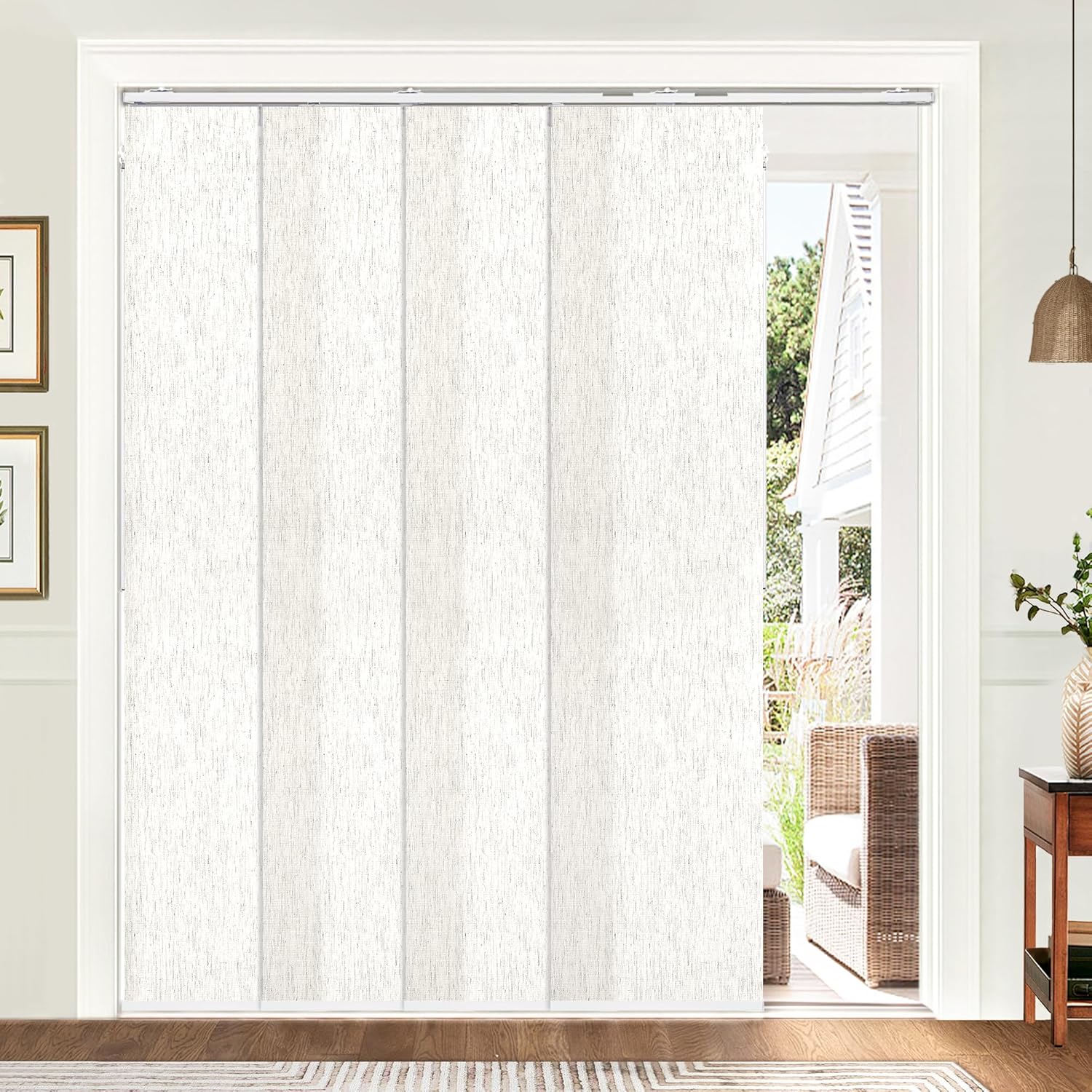Panel Track Blinds, Vertical Blinds for Sliding Glass Doors, Extendable Track from 45 3/4" to 82 5/8" W, Cuttable Panel Curtains up to 96 inches high, Linen Light Filtering Linen Light Filtering (45 3/4" - 82 5/8") W x 96"H