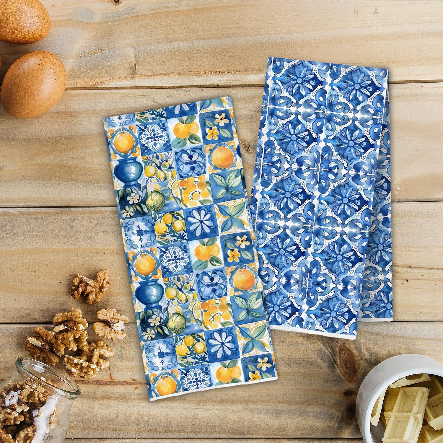 Blue and White Italian Lemon Kitchen Towels, Mediterranean Decor, Italian Tiles Lemon Floral Decorative Dish Tea Hand Towels for Kitchen Bathroom, 16x24 Inch Set of 4