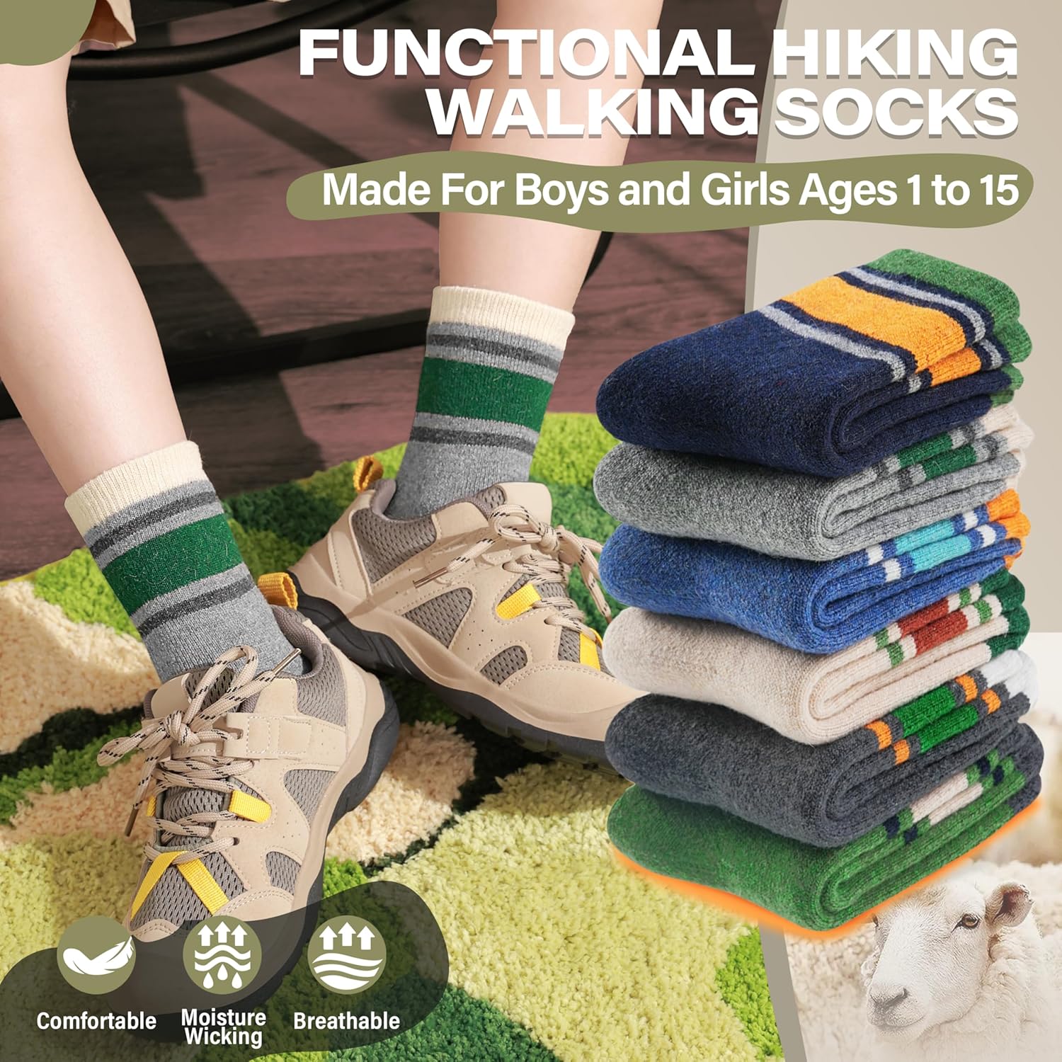 ANTSANG Wool Socks, Warm Thick Thermal Kids Crew Boot Socks for Toddlers Boys Girls, 6-Pair - Image 5