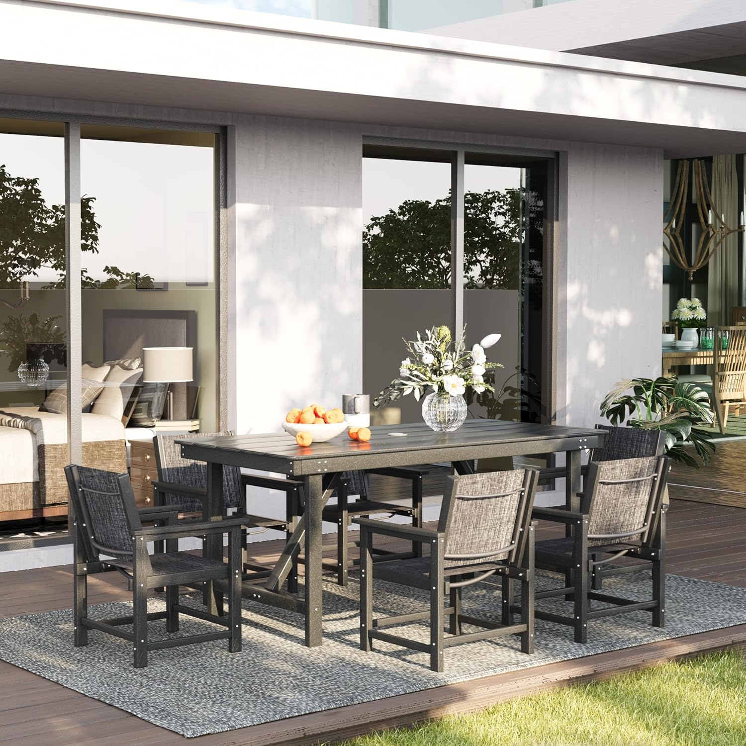 UDPATIO HDPE Dining Table Set for 6 - Heavy Duty Outdoor Table and Chairs, All-Weather Resistant Furniture Set with Umbrella Hole for Patio, Poolside, Deck, Garden, Backyard, Kitchen,Light-Grey,7PCS