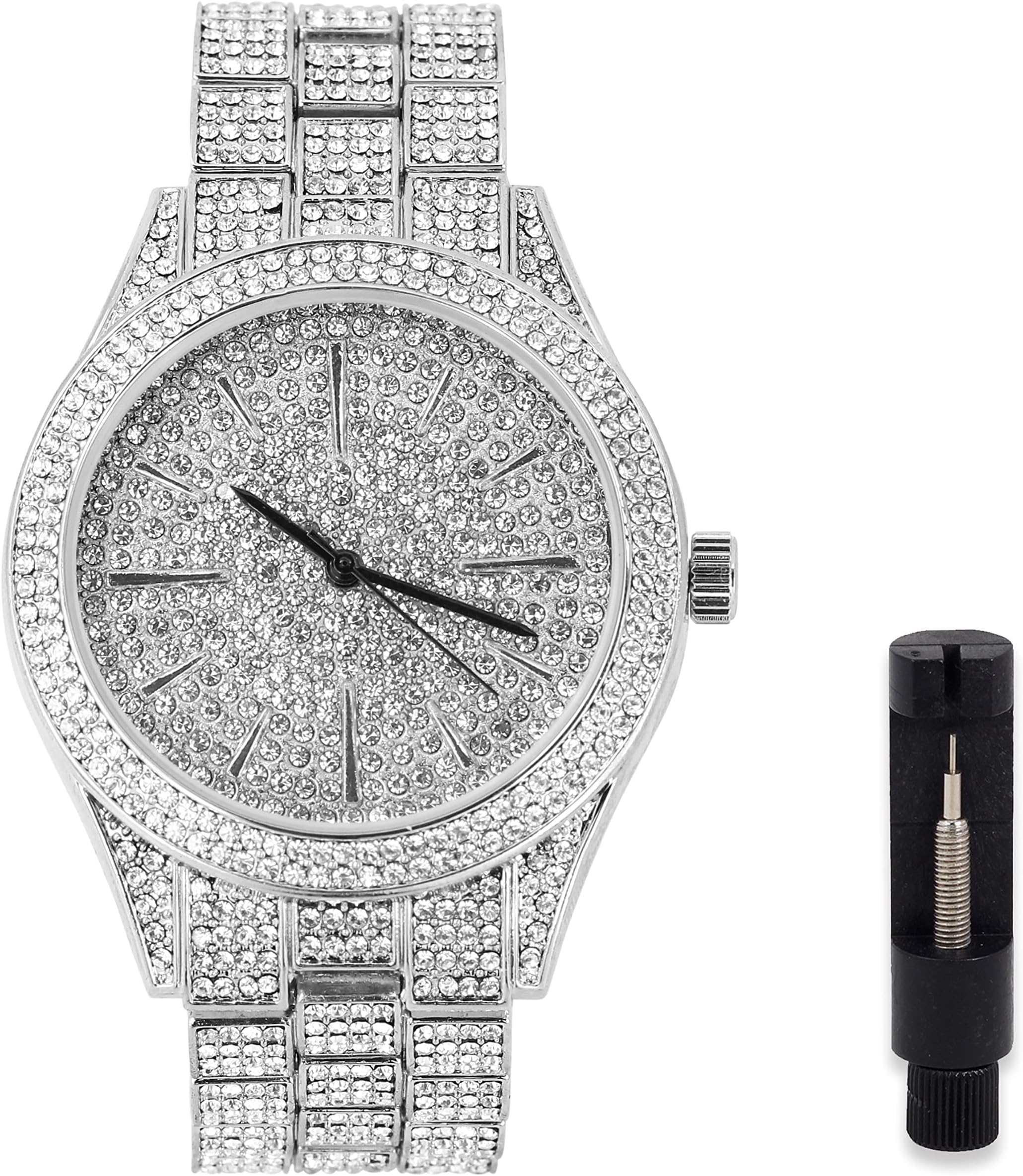 Men's Luxury 43mm Iced Diamond Watch - Simulated Diamonds, Adjustable Band, Quartz Movement - 14k Gold, Silver & Two-Tone Finish Options