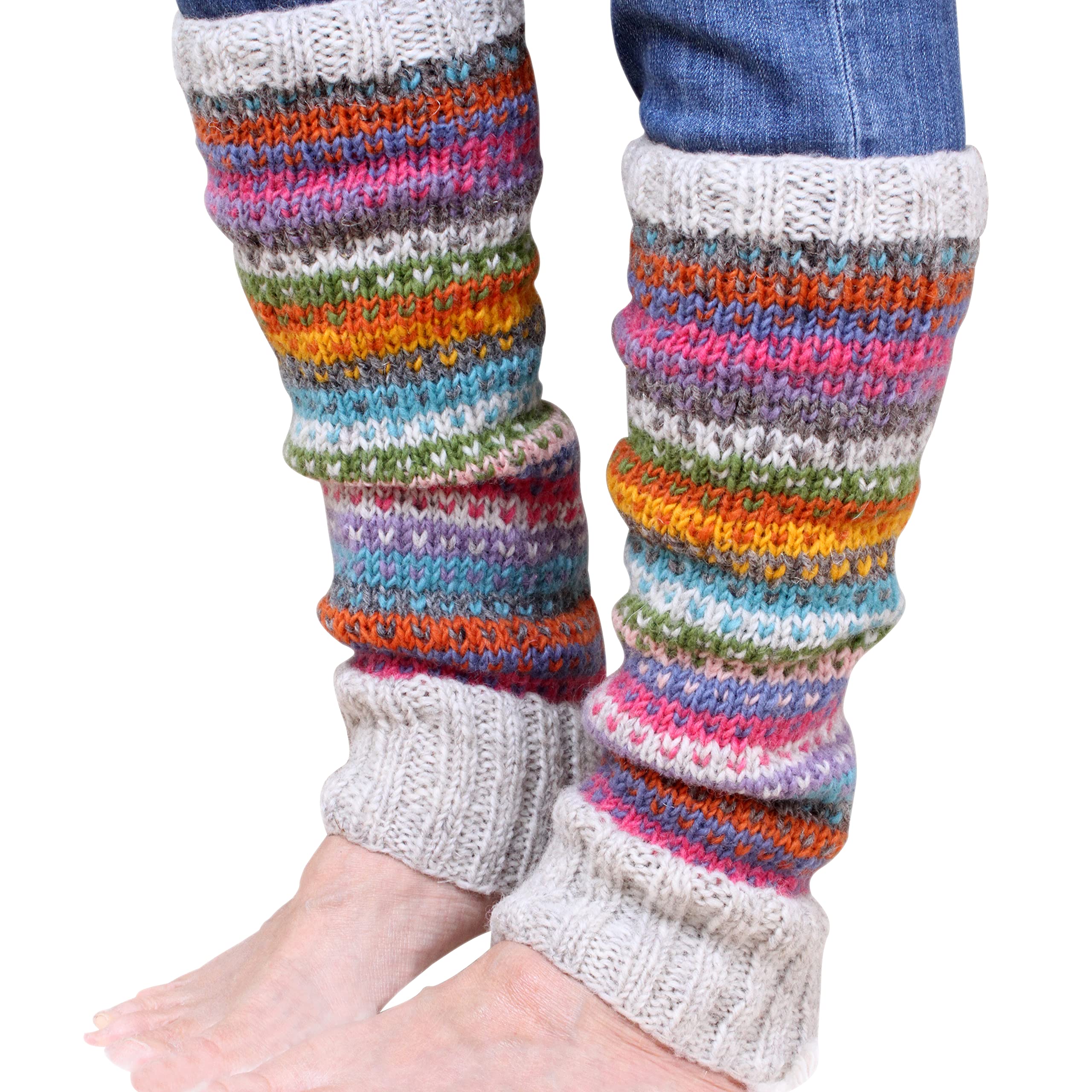 Pachamama Women 100 Wool Legwarmer Handknitted Dots Stripes Multicoloured Regular Fit Handmade Extra Warm Fair Trade