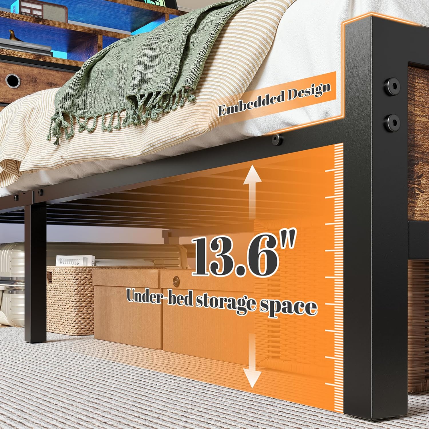 Homkdom Bed Frame Full with Storage Headboard and 4 Drawers,Metal Full Bed Frame with LED Lights & Charging Ports,13.6" Under Bed Storage,No Noise,Apartment,Guest Room,Rustic Brown