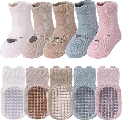TRUEHAN 5 pares de calcetines antideslizantes con puños para bebés, para niños y niñas