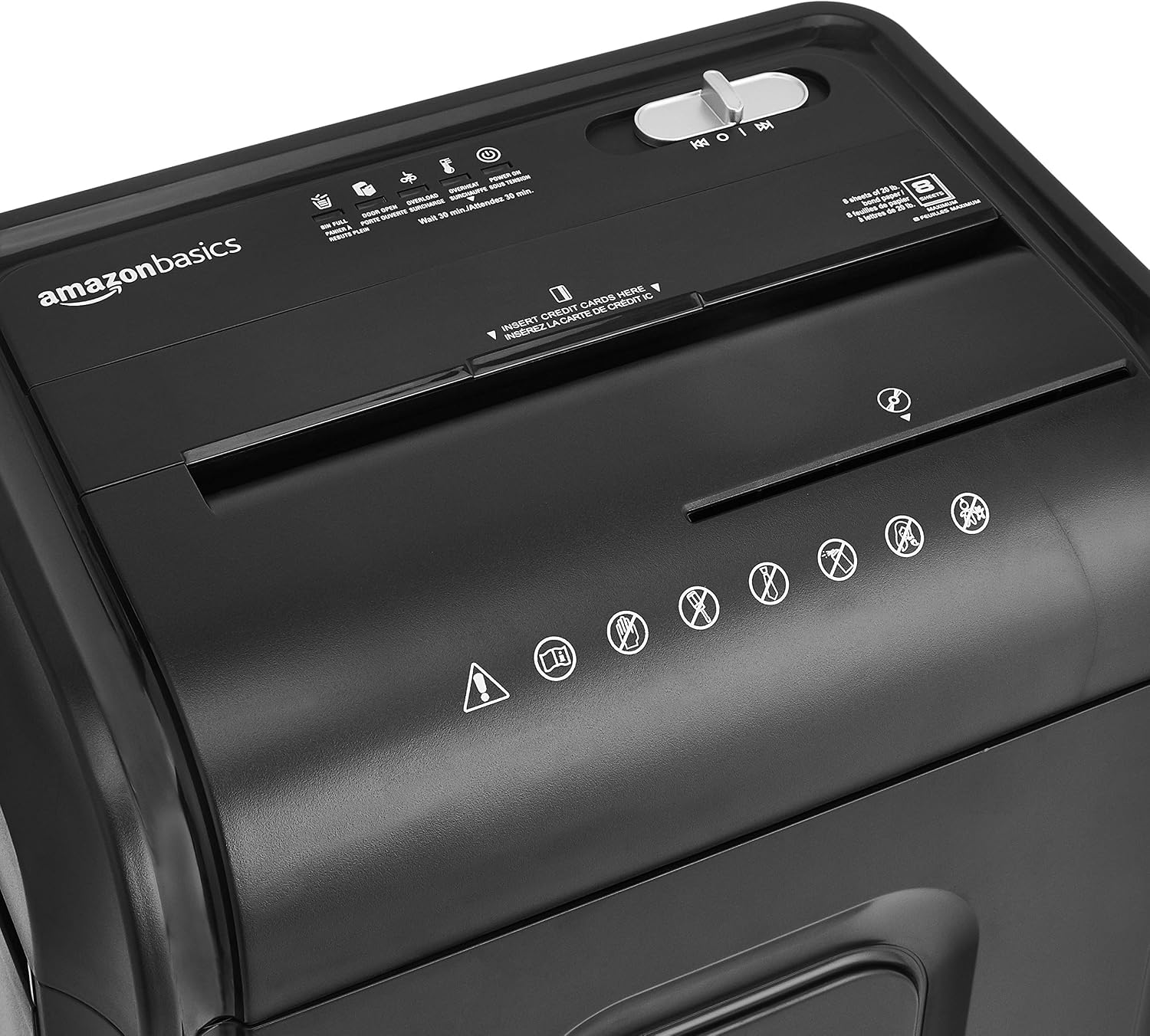 A dalt view of shredder with paper and CD slots