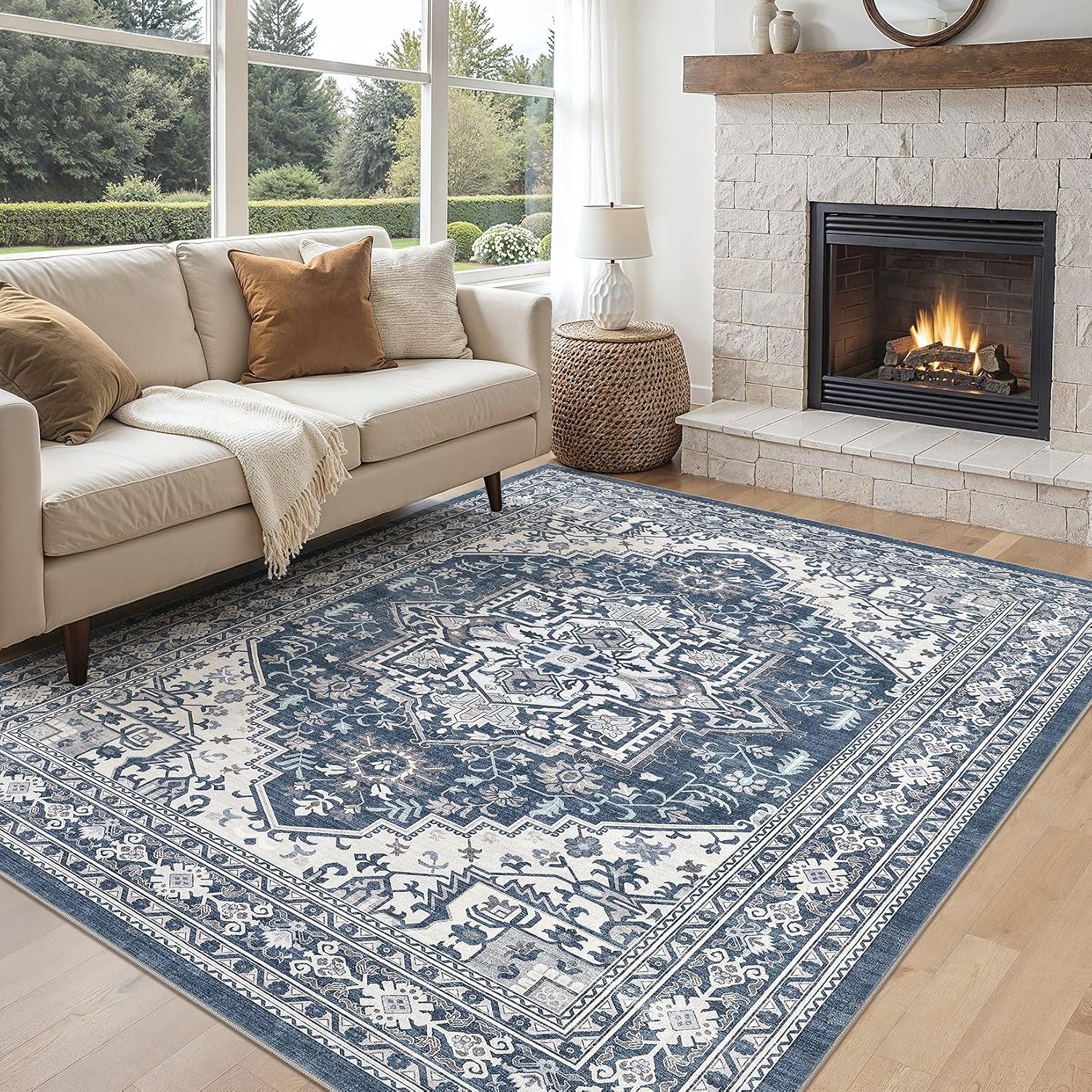  5x7 Area Rug for Living Room - Washable Vintage Carpet, Non-Slip Soft Large Indoor Floor Rugs for Bedroom Home Office & Under Dining Table Decor, Denim Blue/White thumbnail