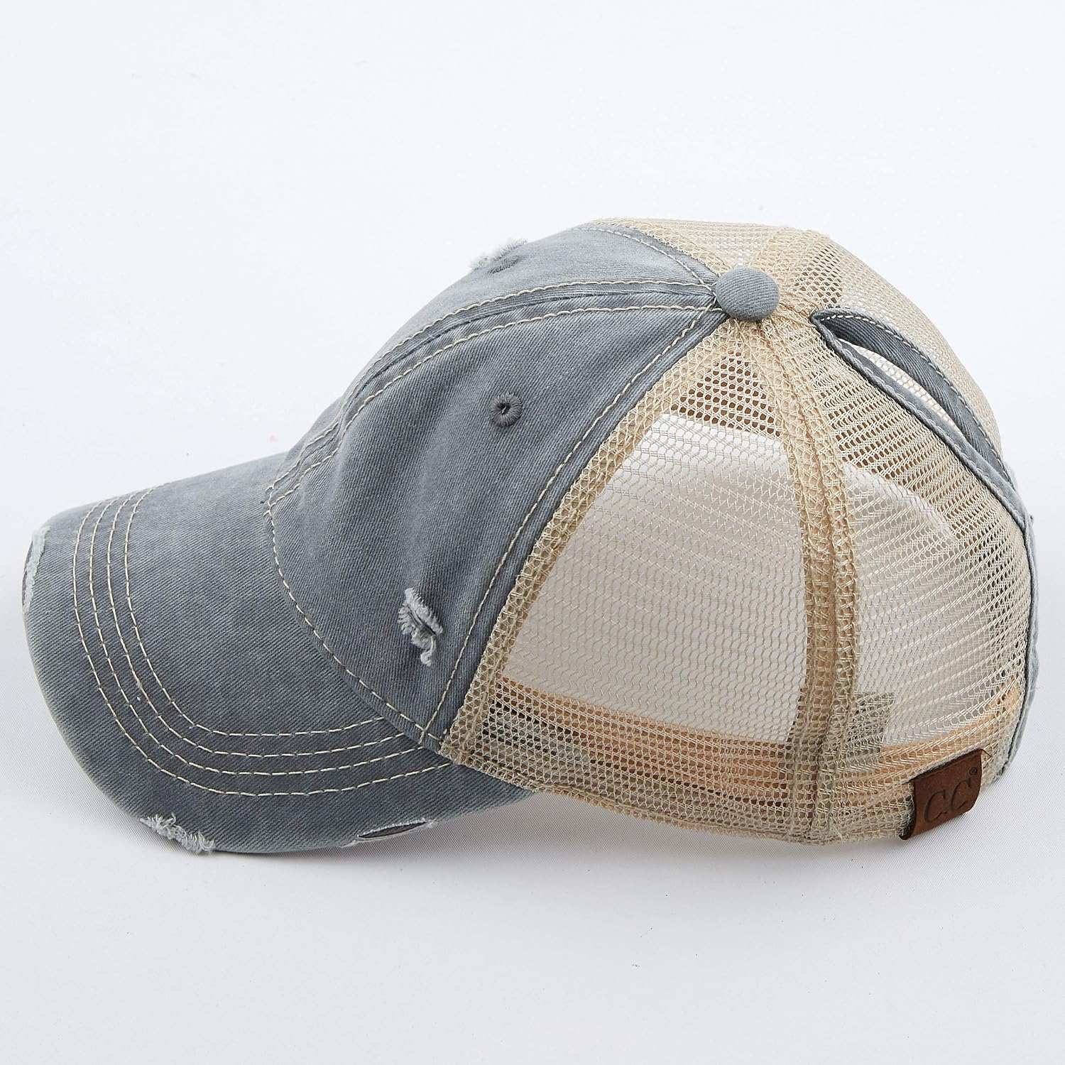 C.C Hatsandscarf Exclusives Washed Distressed Cotton Denim Ponytail Hat Adjustable Baseball Cap (BT-12) (BT-13)
