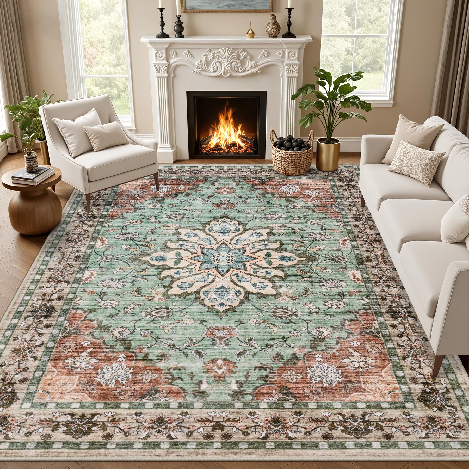Photo 1 of Area Rugs 9x12 Living Room Rug: Washable Rug Soft Vintage Distressed Floral Carpet Indoor Non-Slip Stain Resistant Large Carpets for Bedroom Dining Room Farmhouse Nursery Home Office Brown Green