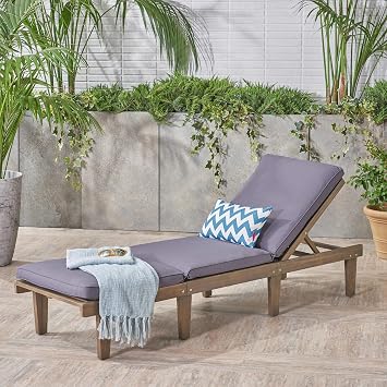 Hcduvso Outdoor Acacia Wood Chaise Lounge with Cushion, Non-Slip Patio Pool Lounge Chair with Ties Gery