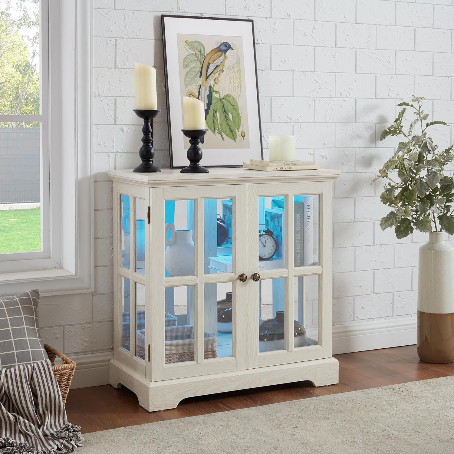 Glass Curio Display Cabinet with Glass Doors, Display Case with Adjustable Shelves, Retro Storage Cabinets for Living Room Corner, Vitrinas and Bookcase Organization Collectibles,White