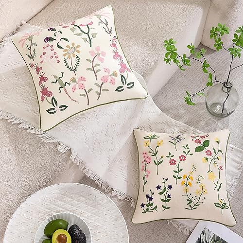 Miniatura 5 de Tosleo Fundas de almohada decorativas de 18 x 18 pulgadas, paquete de 2 fundas de almohada de algodón con flores rosas bordadas de Gecko, fundas de