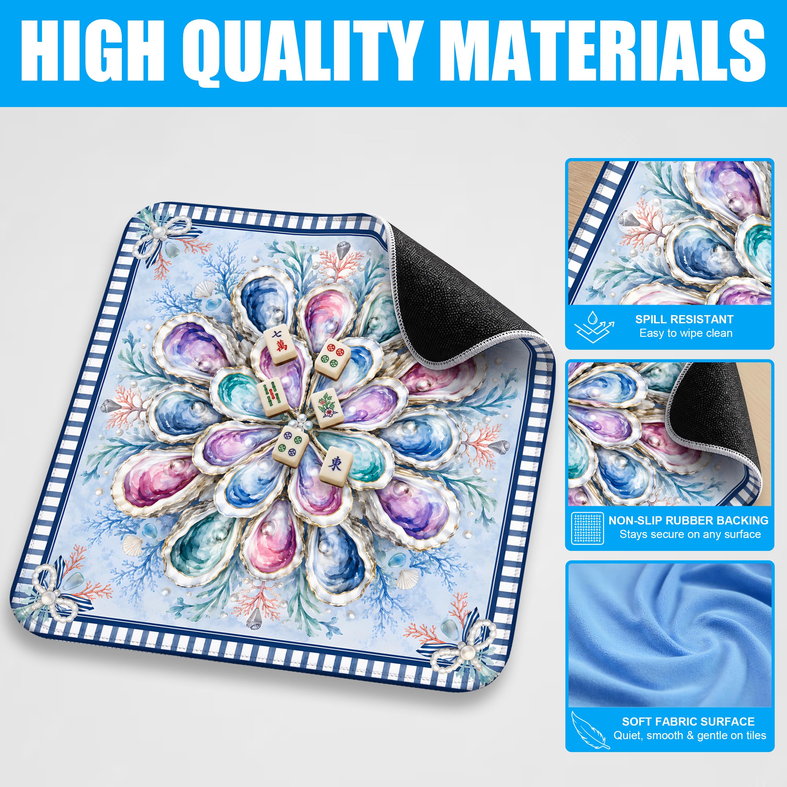SODAVA Tapis de mahjong à rayures bleues et blanches - 31,5 x 31,5 cm - Antidérapant - Réduction du bruit - Pour mahjong, jeux de société, cadeaux pour joueurs de carrelage, clubs avec sac de
